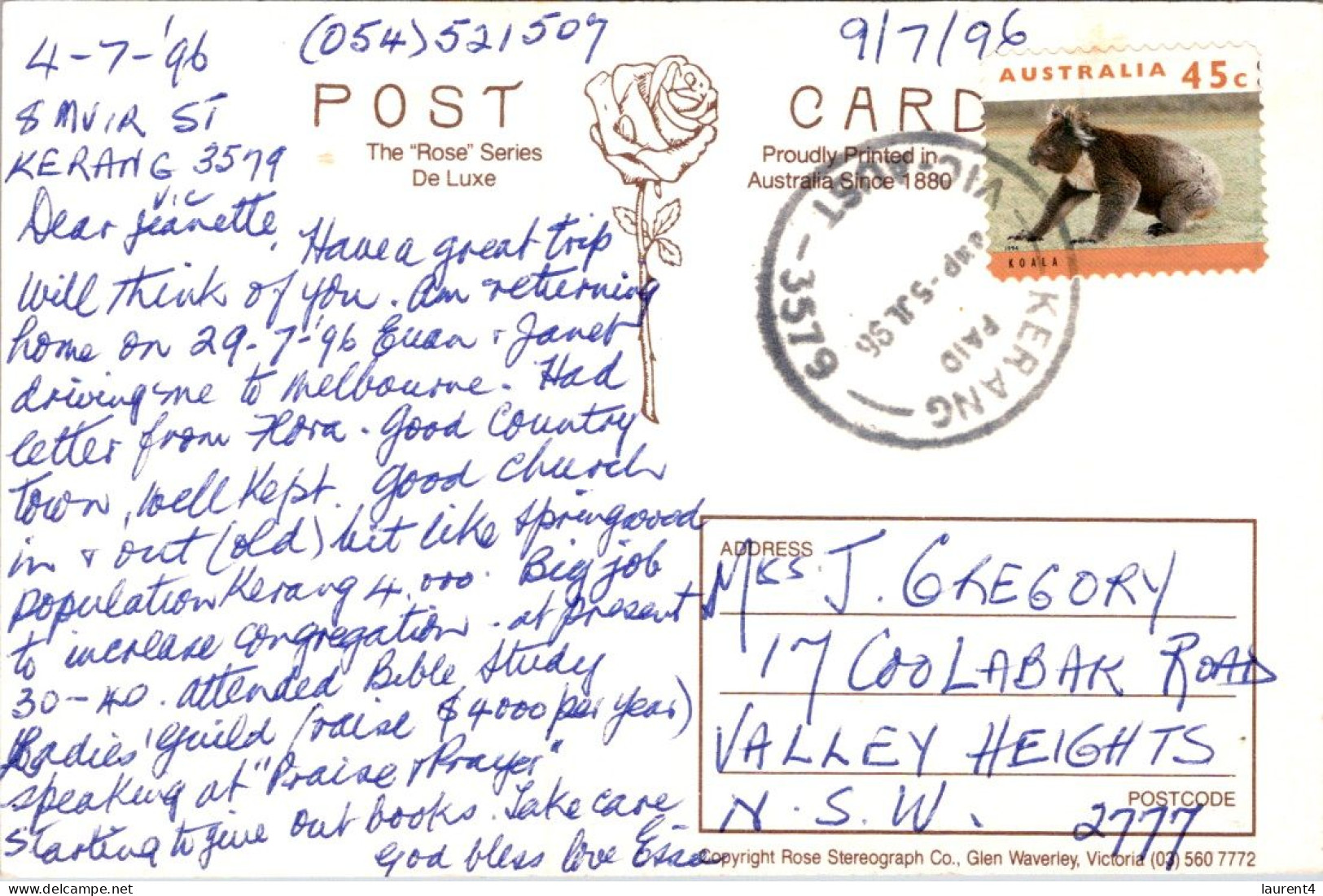 15-4-2024 (2 Z 6) Australia (posted With Koala Stamp) Greeting From Kerang (VIC) Older B/w Postcard Posted In 1996 - Sonstige & Ohne Zuordnung