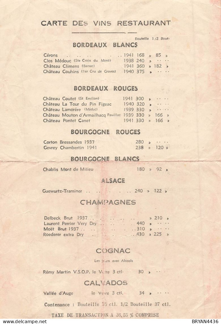 MENU - LA COUPOLE - BRASSERIE - RESTAURANT - DANCING - PARIS - 102, Boulvard MONTPARNASSE - 1945 - (18x26cm) état. - Menus
