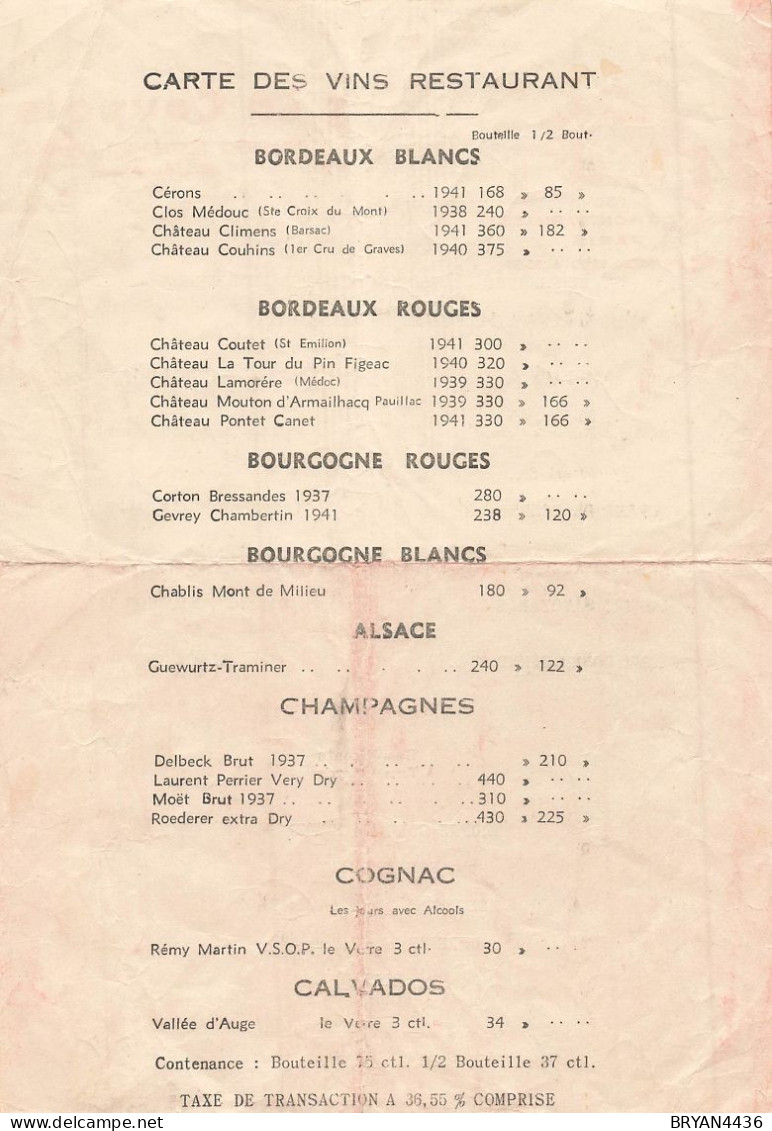 MENU - LA COUPOLE - BRASSERIE - RESTAURANT - DANCING - PARIS - 102, Boulvard MONTPARNASSE - 1945 - (18x26cm) état. - Menu