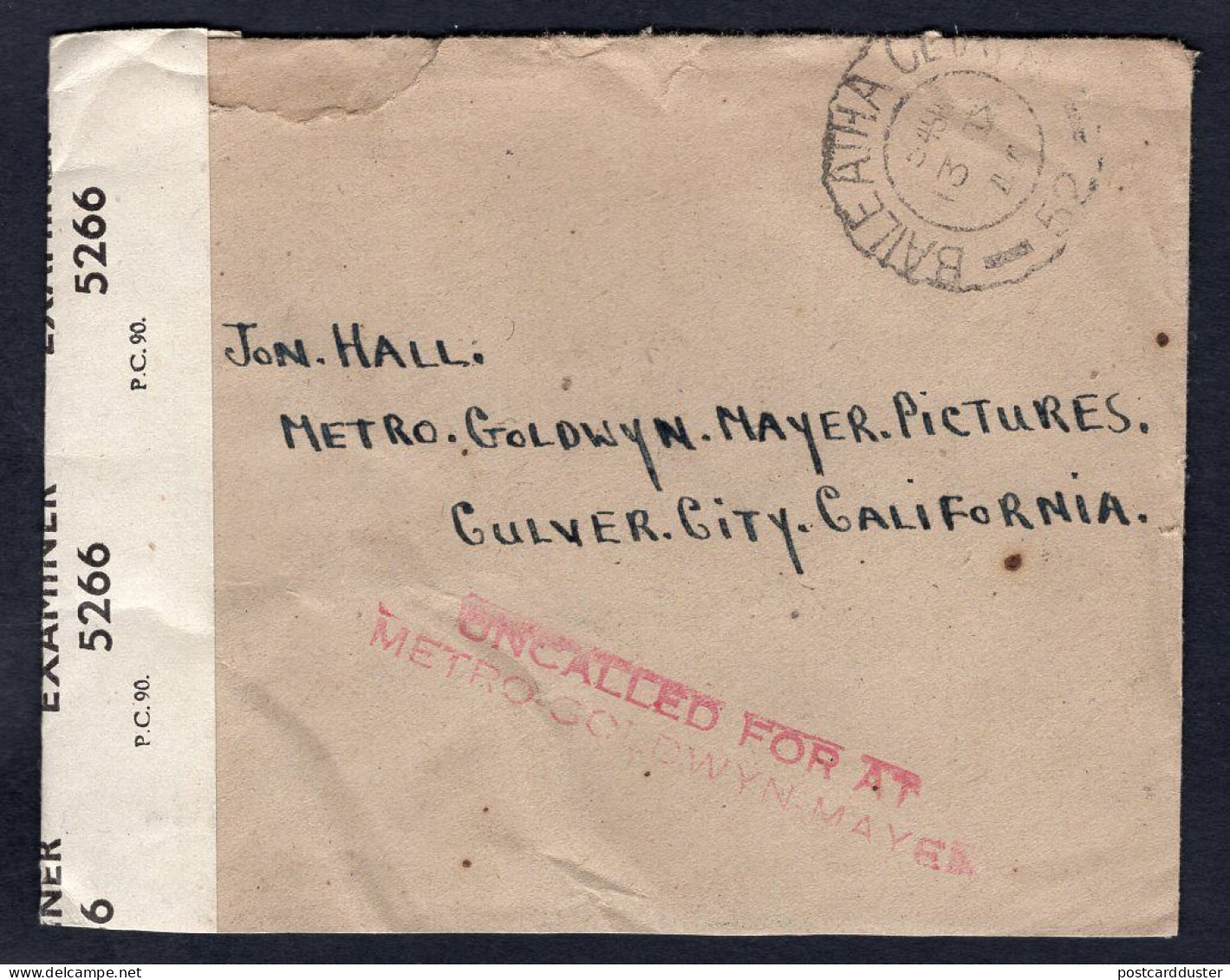 IRELAND 1944 Censored Cover To USA; John Hall Hollywood Actor, MGM Uncalled For (p3187) - Lettres & Documents