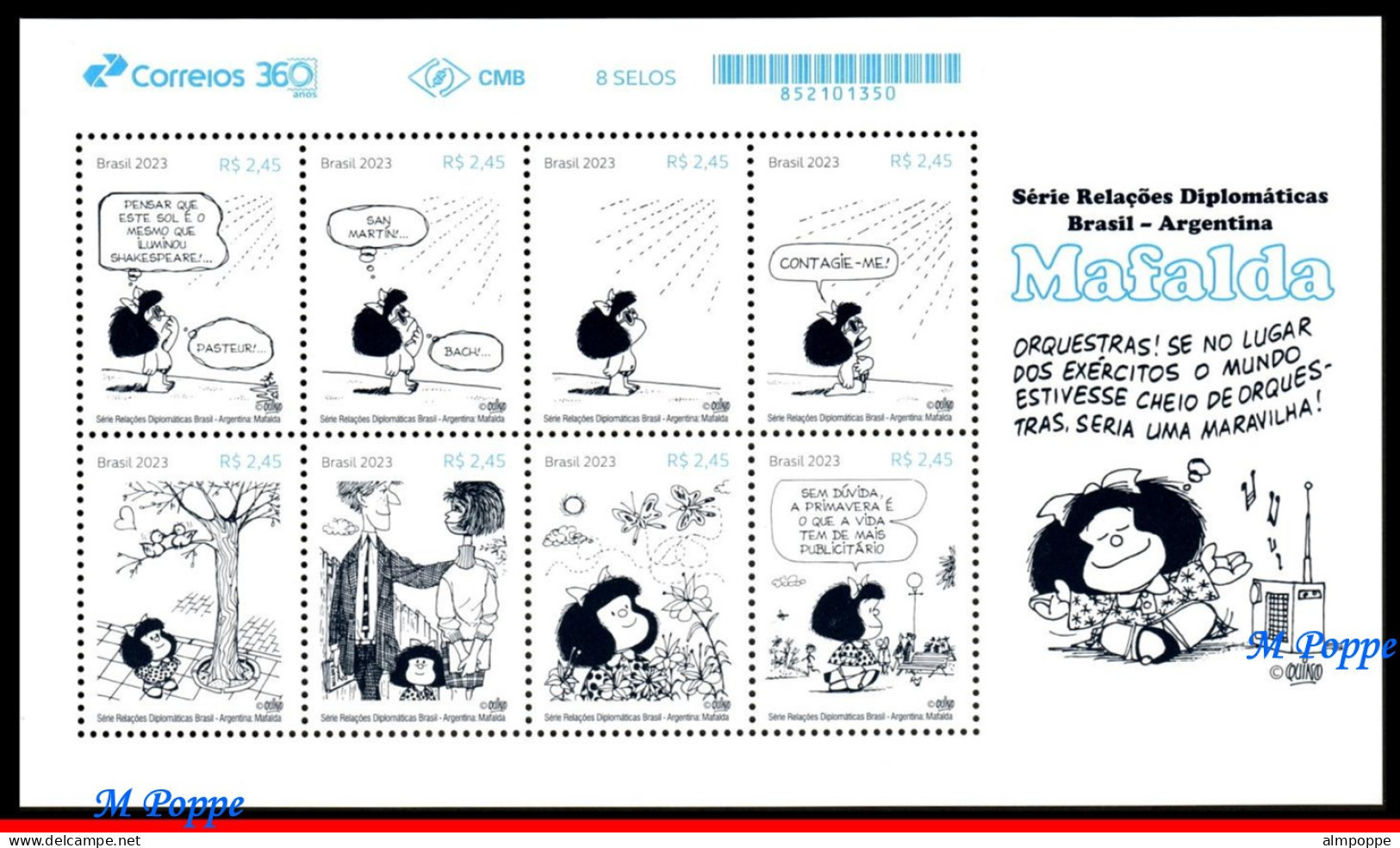 Ref. BR-V2023-09 BRAZIL 2023 - DIPLOMATIC RELATIONS WITHARGENTINA, MAFALDA, ART, S/S MNH, COMICS 8V - Bandes Dessinées