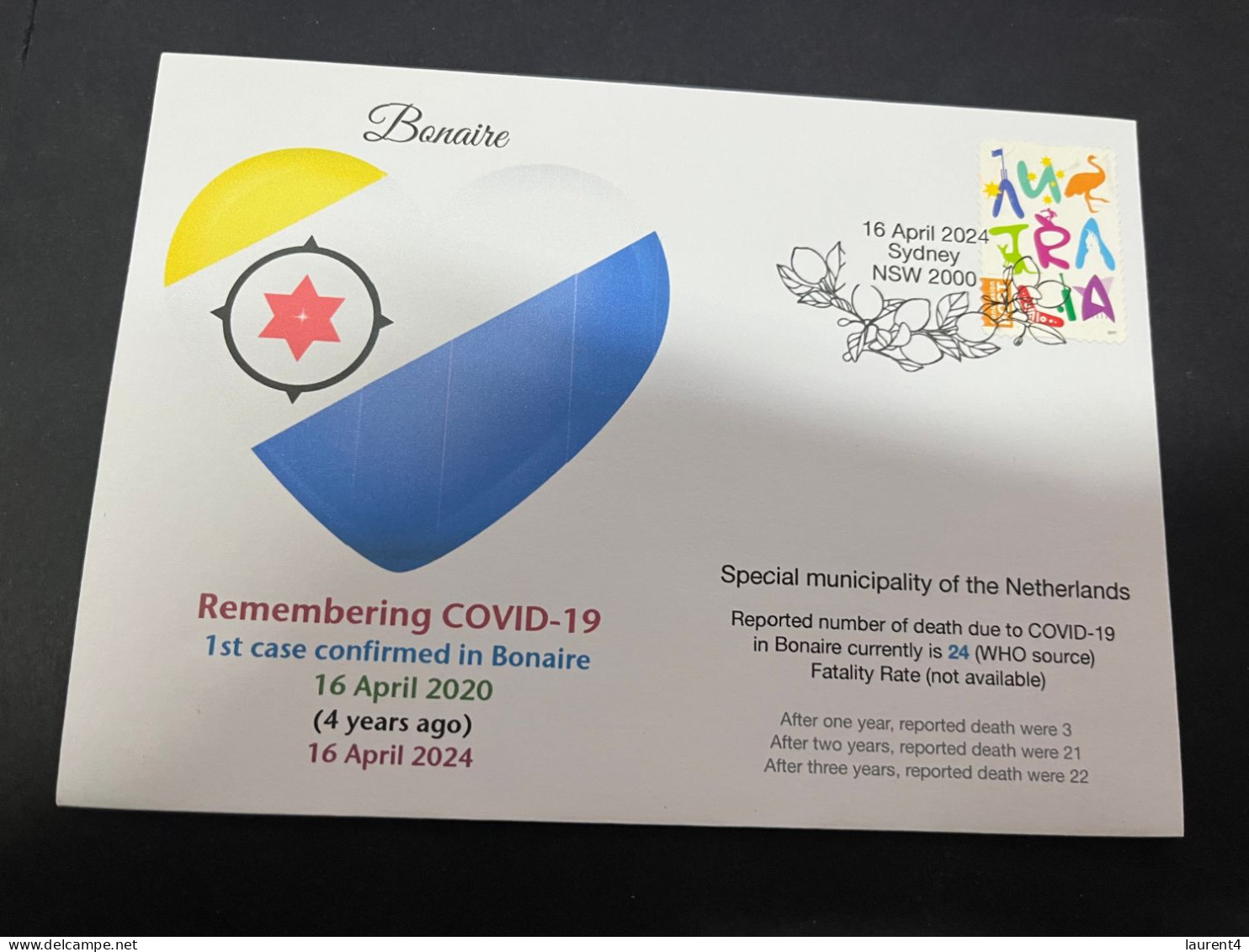 15-4-2024 (2 Z 7) COVID-19 4th Anniversary - Bonaire (Netherlands) - 16 April 2024 (with OZ Stamp) - Disease