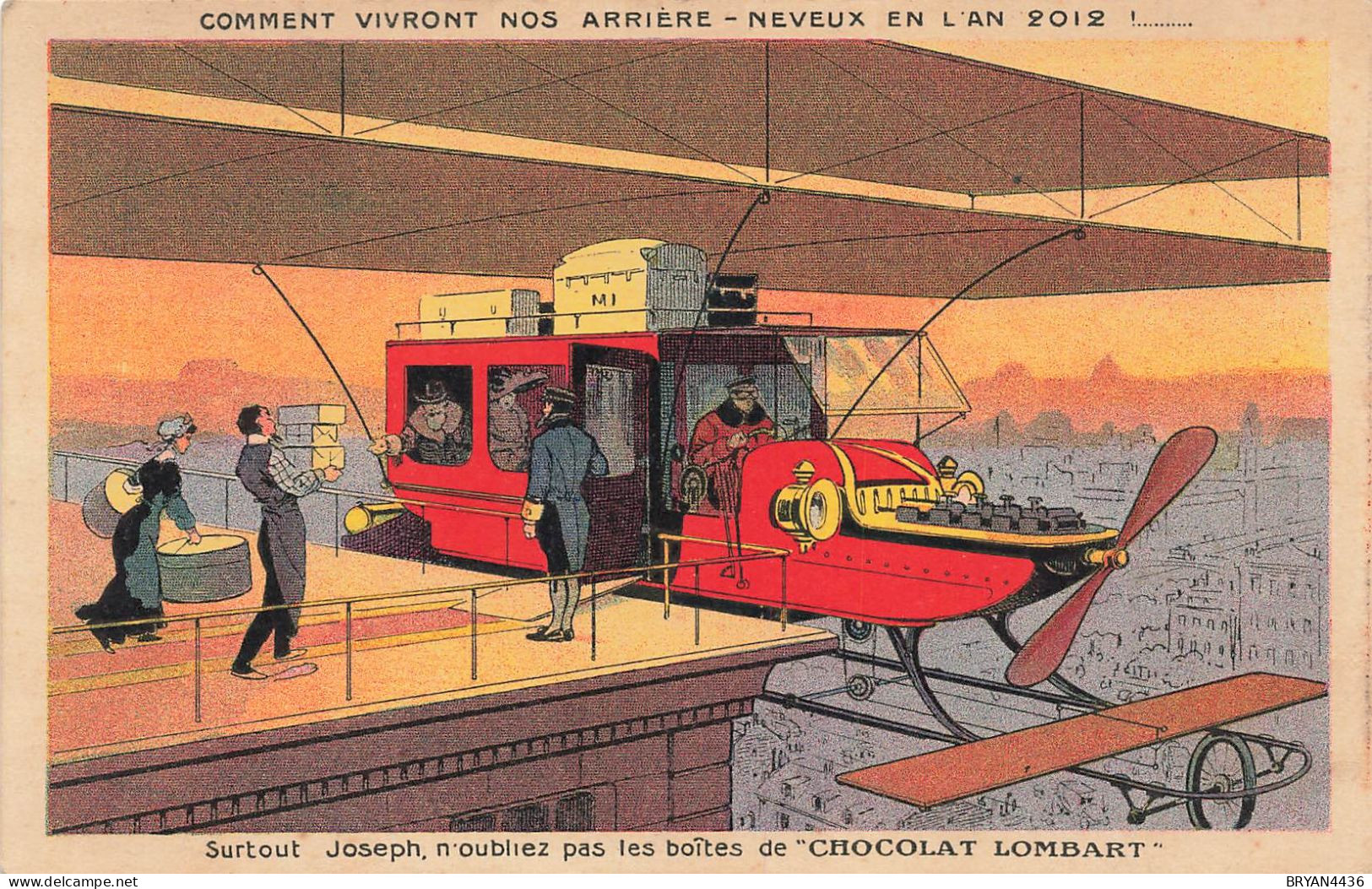 CHOCOLAT LOMBART - VISION FUTURISTE TRANSPORT De La VIE En L' AN 2012 En 1912 - CARTE POSTALE CHROMO ILLUSTREE (9x14cm) - Lombart