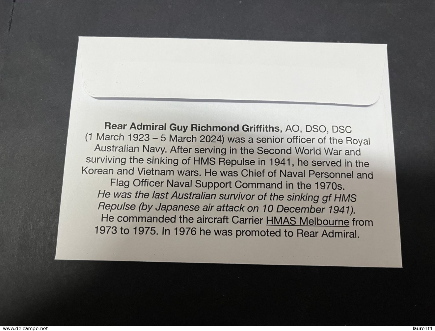 15-4-2024 (2 Z 7) Death Of Australian Resar Admiral Guy Griffiths (AO - DSO - DSC) 5th March 2024 At Age 101 (oz Stamp) - Militaria