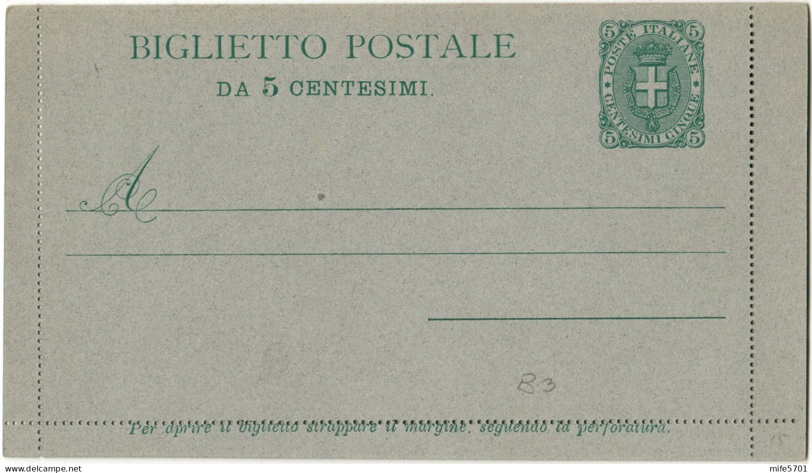 REGNO D'ITALIA B3 - 1892 BIGLIETTO POSTALE TIPO 'STEMMA' DA C. 5 VERDE (FONDO RIGATO) NUOVO FILAGRANO B3 - Postwaardestukken