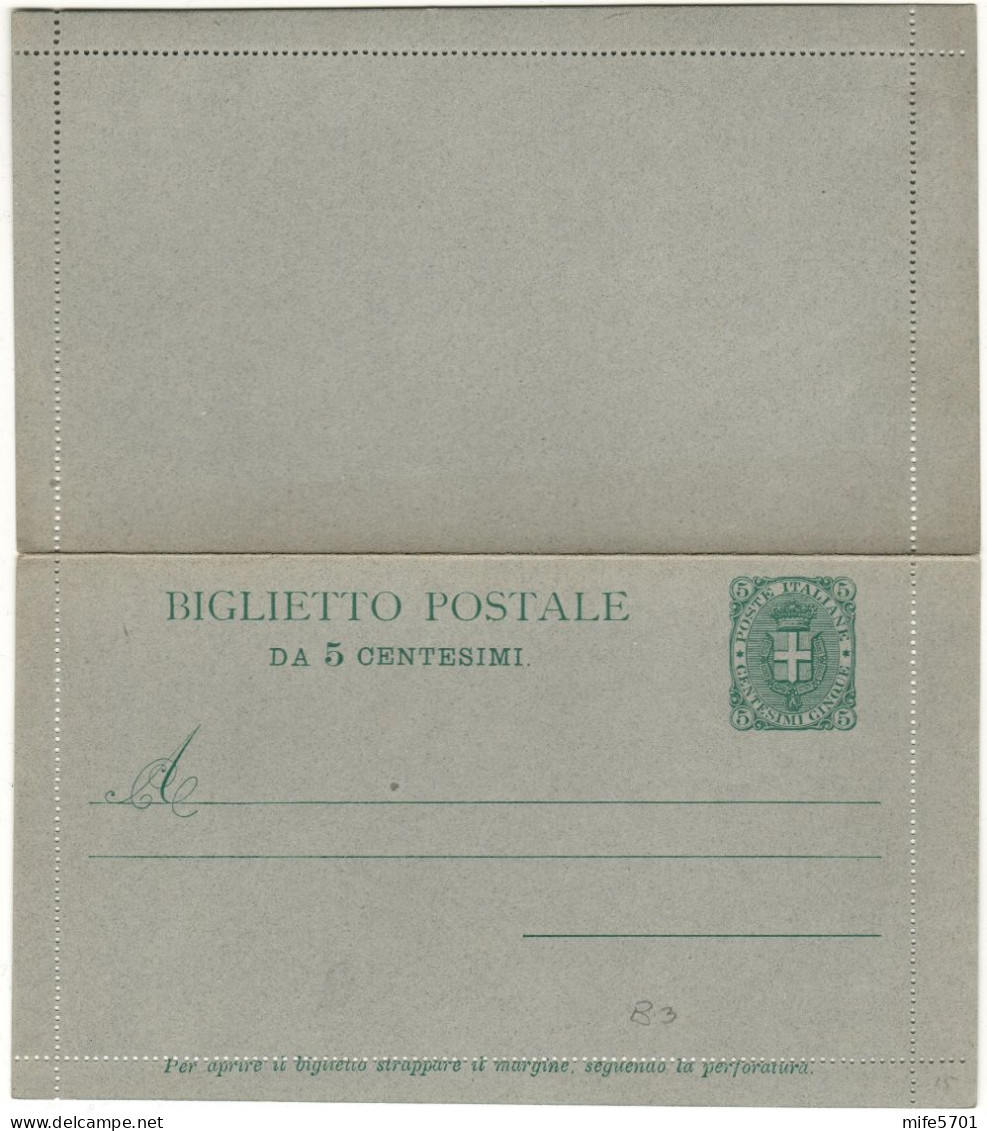 REGNO D'ITALIA B3 - 1892 BIGLIETTO POSTALE TIPO 'STEMMA' DA C. 5 VERDE (FONDO RIGATO) NUOVO FILAGRANO B3 - Interi Postali