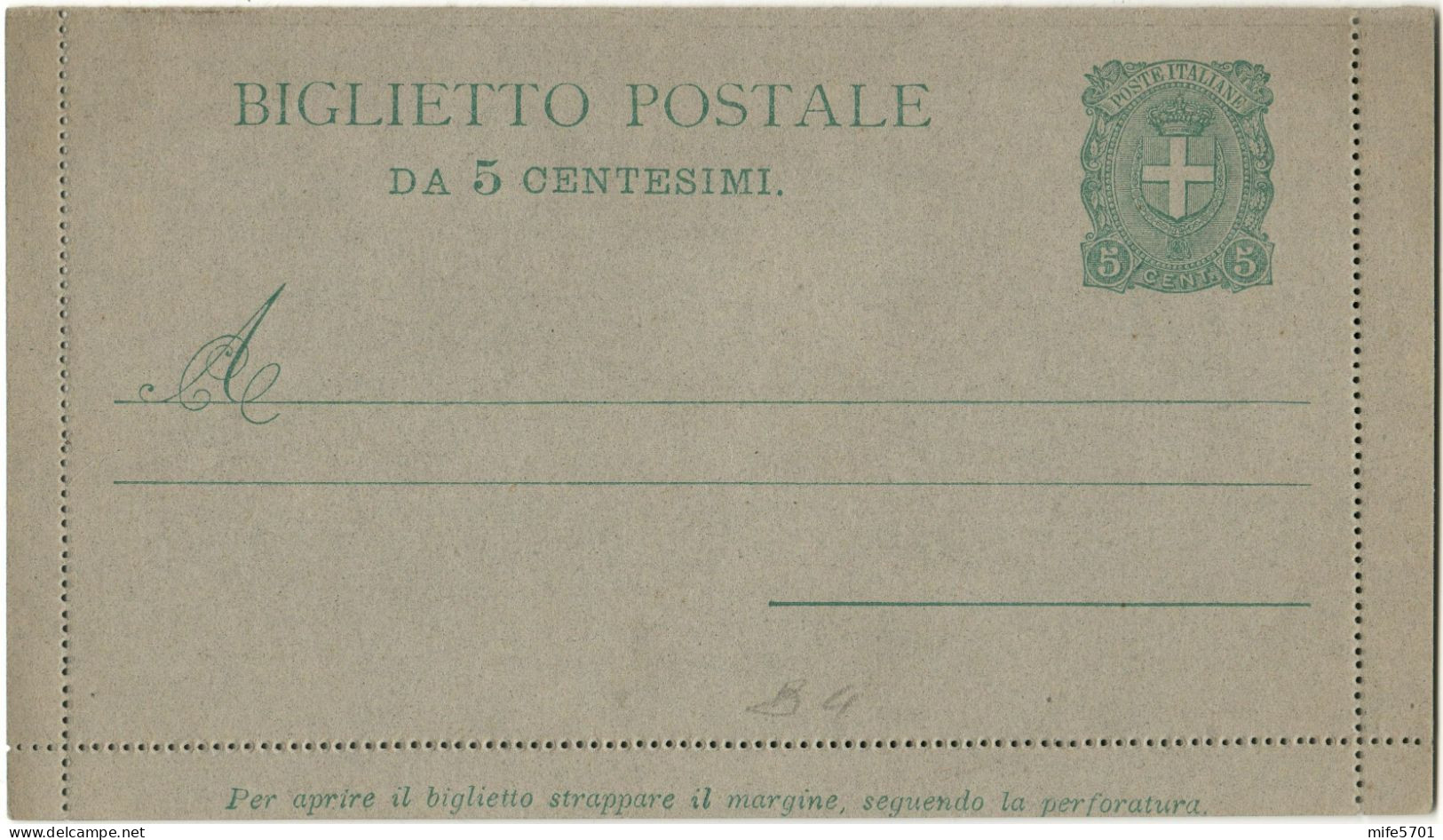 REGNO D'ITALIA B4 - 1897 BIGLIETTO POSTALE TIPO 'STEMMA MODIFICATO' DA C. 5 VERDE (VALORE IN CIFRE) NUOVO FILAGRANO B4 - Postwaardestukken