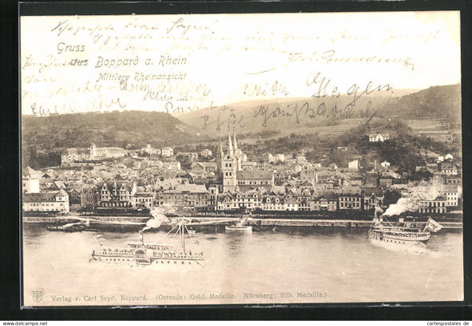 AK Boppard A. Rhein, Gesamtansicht Mit Rheinpartie, Dampfer Und Kirche  - Boppard