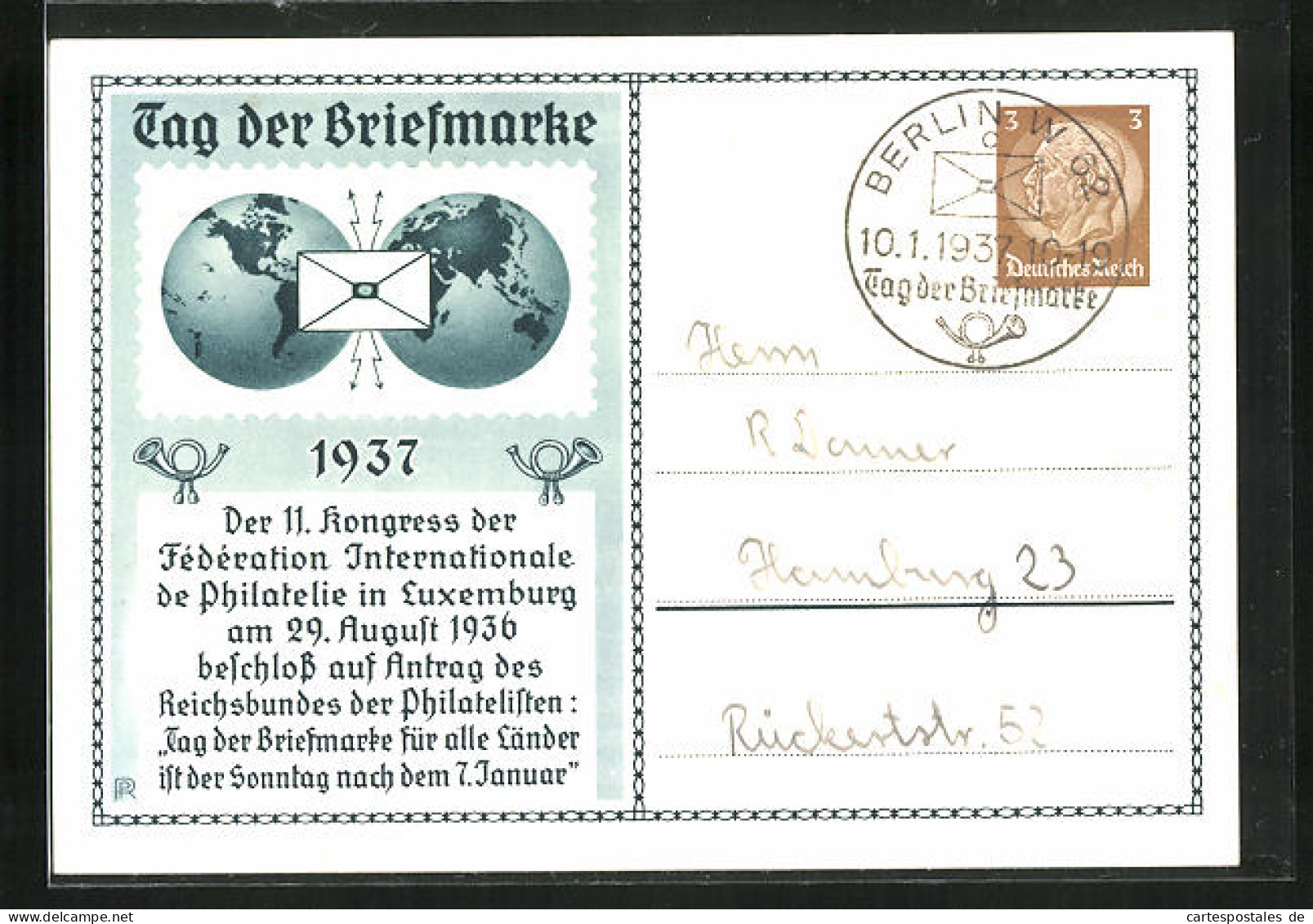 Künstler-AK Luxembourg, 11. Kongress Der Fédération Internationale 1936, Weltkugel Und Kuvert, Ganzsache  - Timbres (représentations)