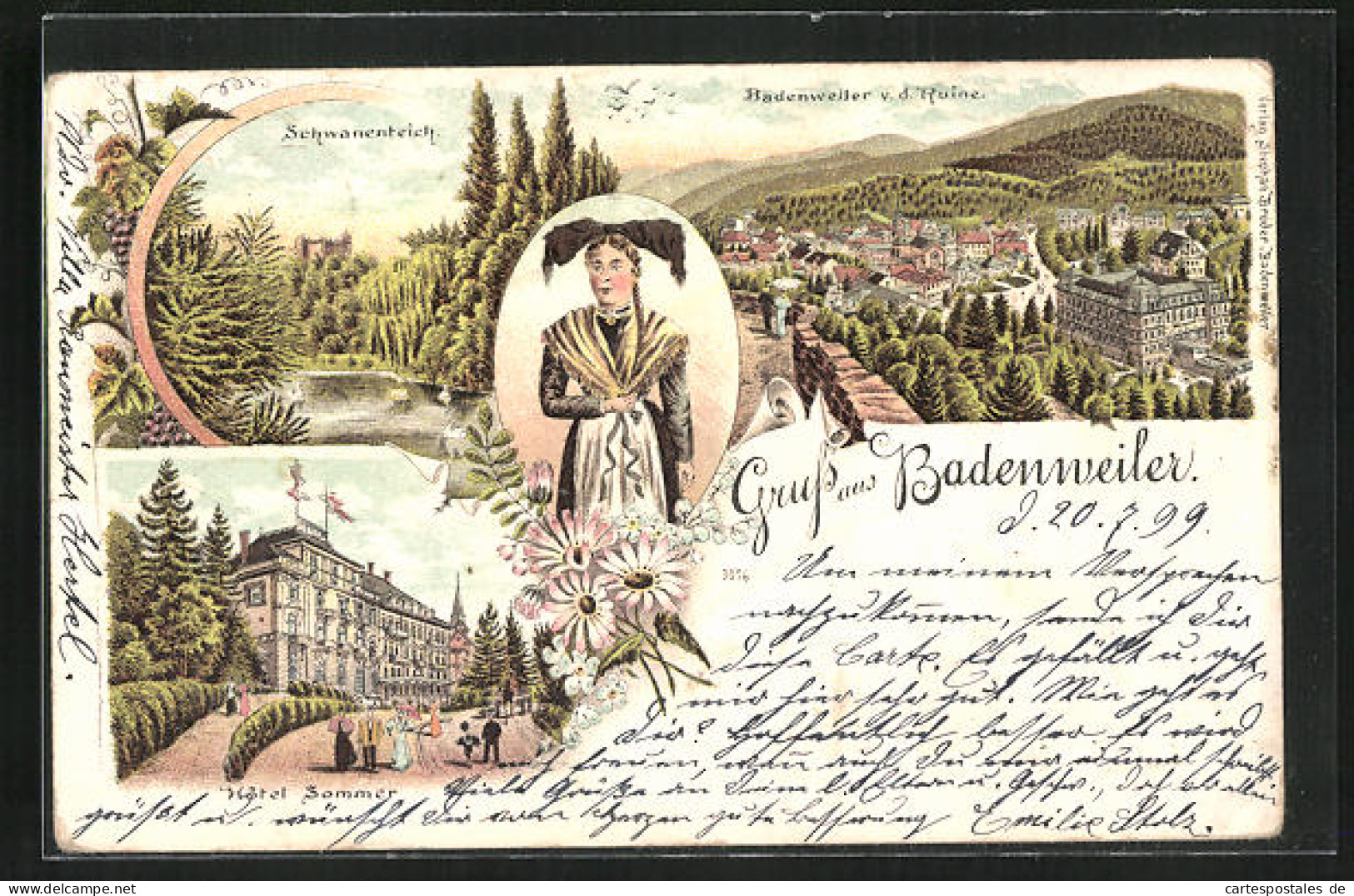 Lithographie Badenweiler, Hotel Sommer, Totalansicht V. D. Ruine, Schwanenteich  - Badenweiler