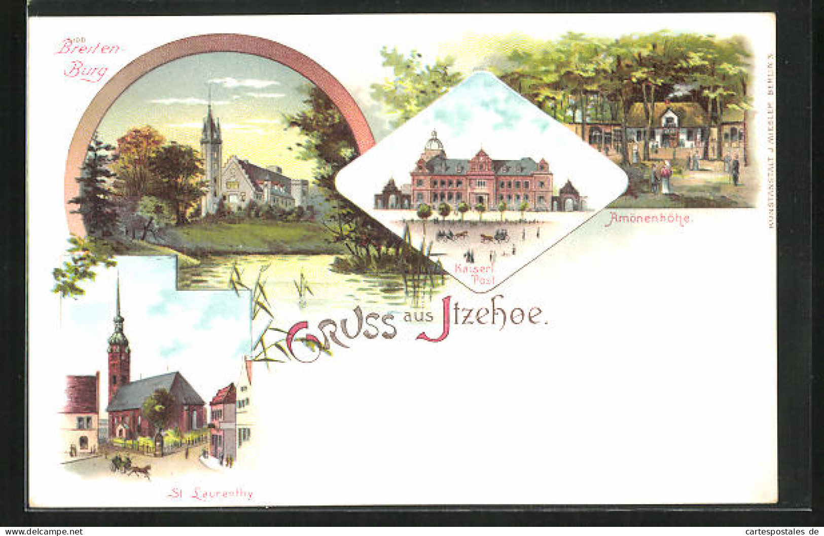 Lithographie Itzehoe, Amönenhöhe, Breitenburg, St. Laurenthy  - Itzehoe