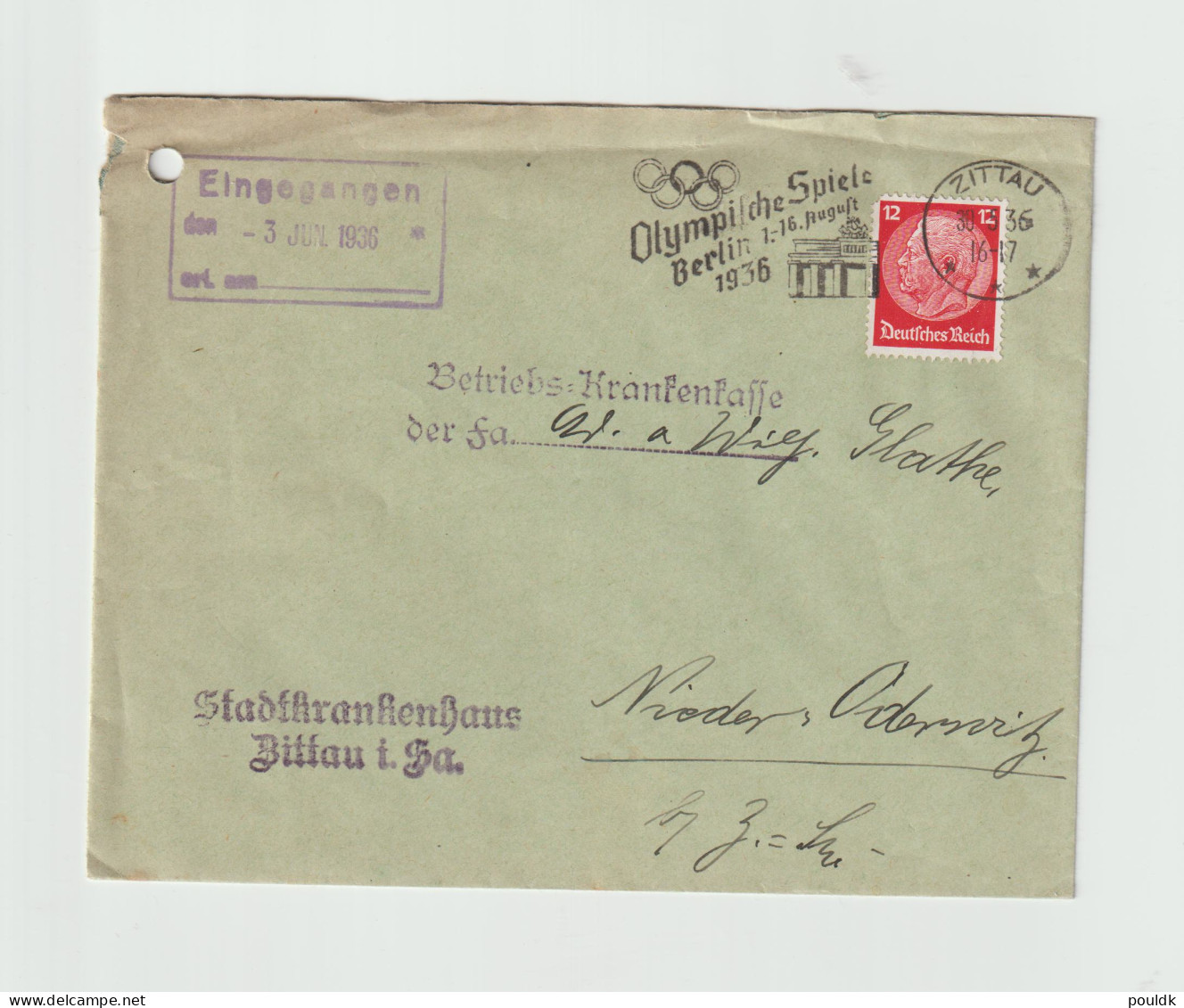 Third Reich Cover From City Hospital To A Factory Hospital Posted Zittau 30.5.1936 Olympische Spiele Berlin. Postal - Summer 1936: Berlin