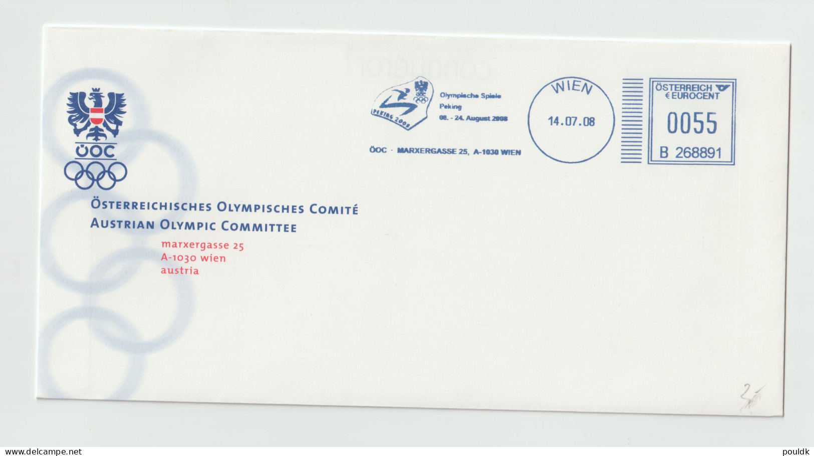 Austrian Olympic Committe Cover W/Meter Wien 2008 Olympische Spiele Peking. Postal Weight Approx 40 Gramms - Estate 2008: Pechino