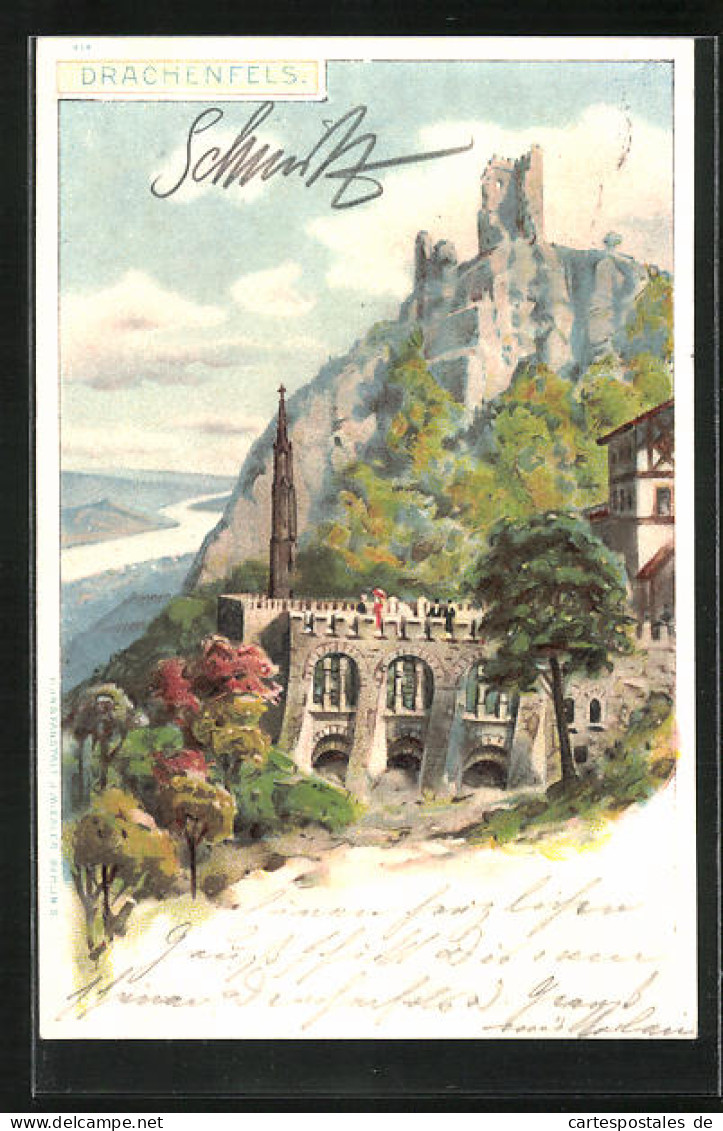 Künstler-AK Drachenfels, Ortspartie Mit Ruine  - Drachenfels