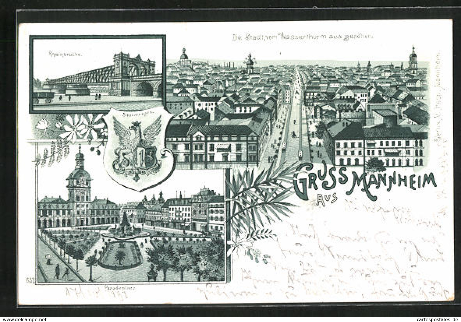 Lithographie Mannheim, Rheinbrücke, Paradeplatz, Ortsansicht  - Mannheim