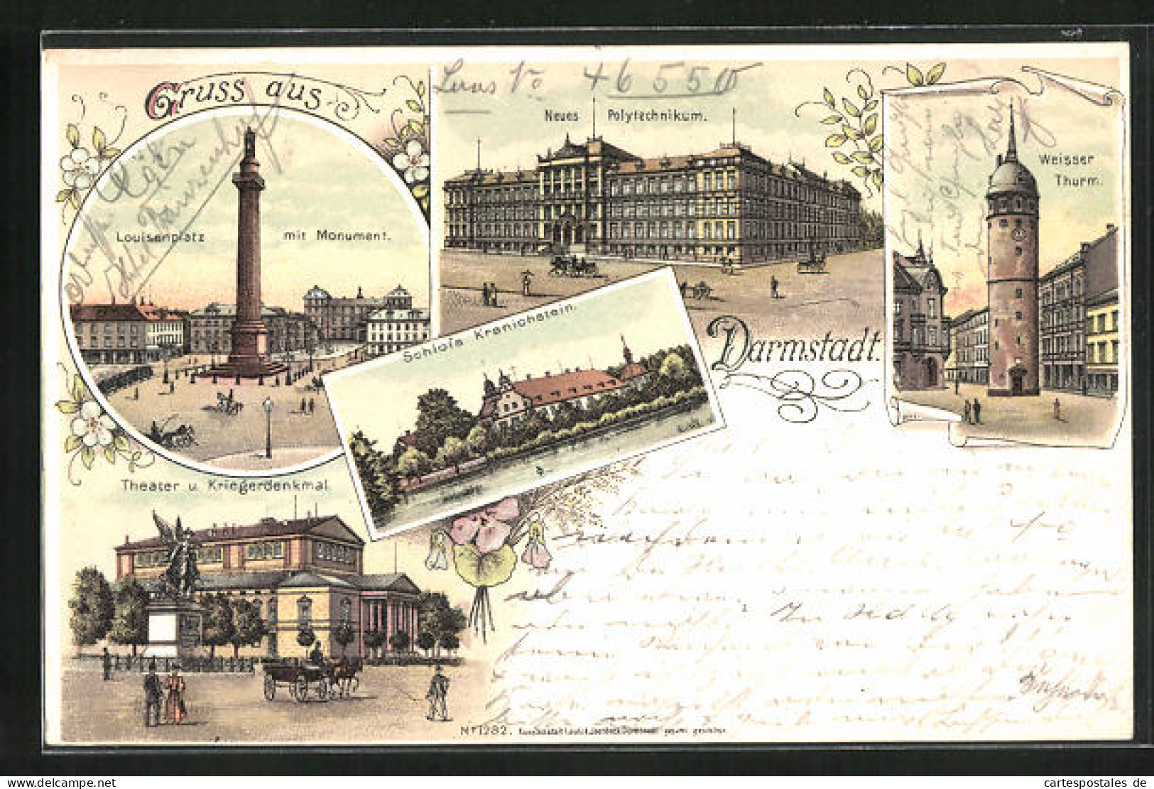 Lithographie Darmstadt, Louisenplatz, Theater, Schloss  - Theatre