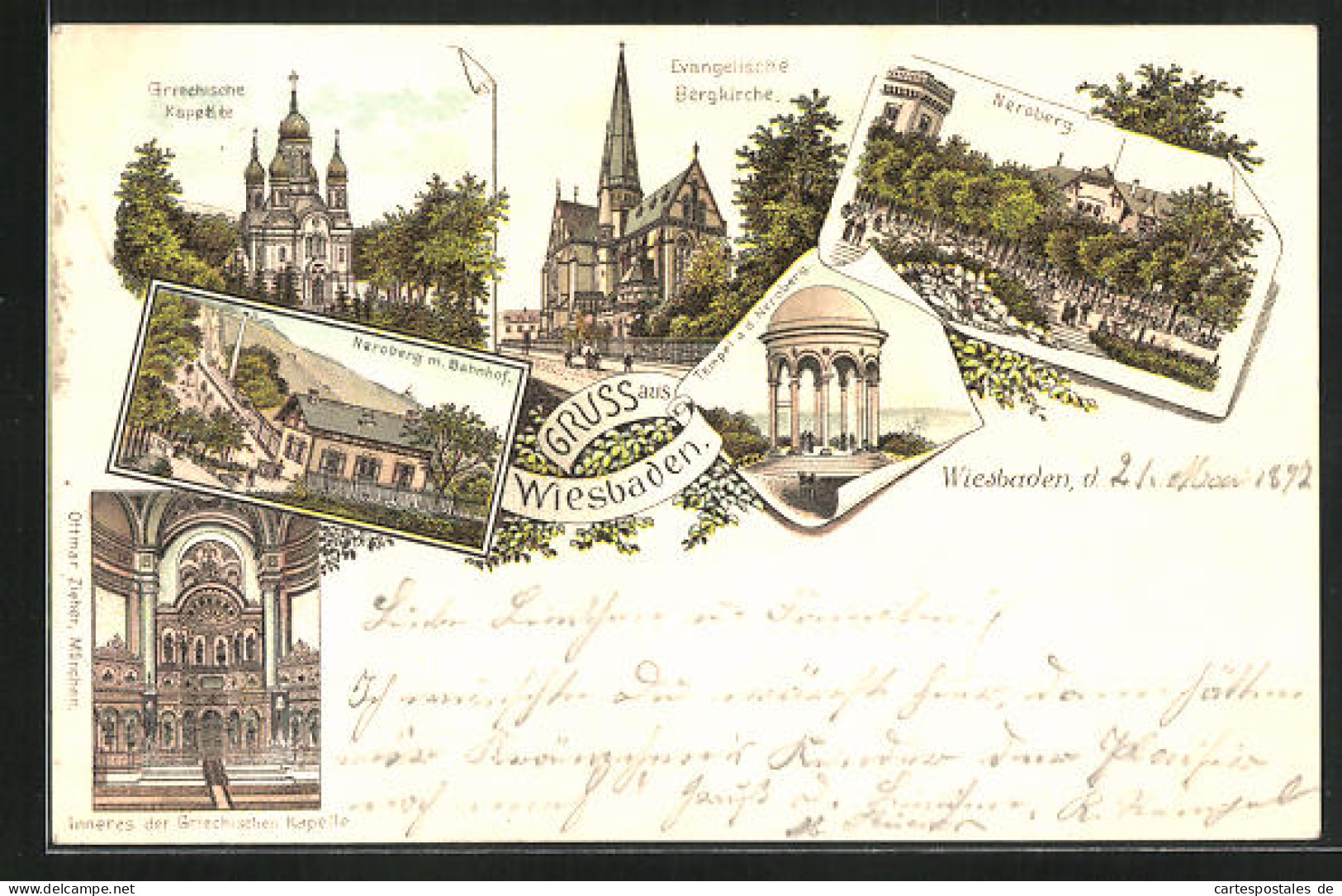 Lithographie Wiesbaden, Neroberg Mit Bahnhof, Griechische Kapelle, Tempel Auf Neroberg  - Wiesbaden