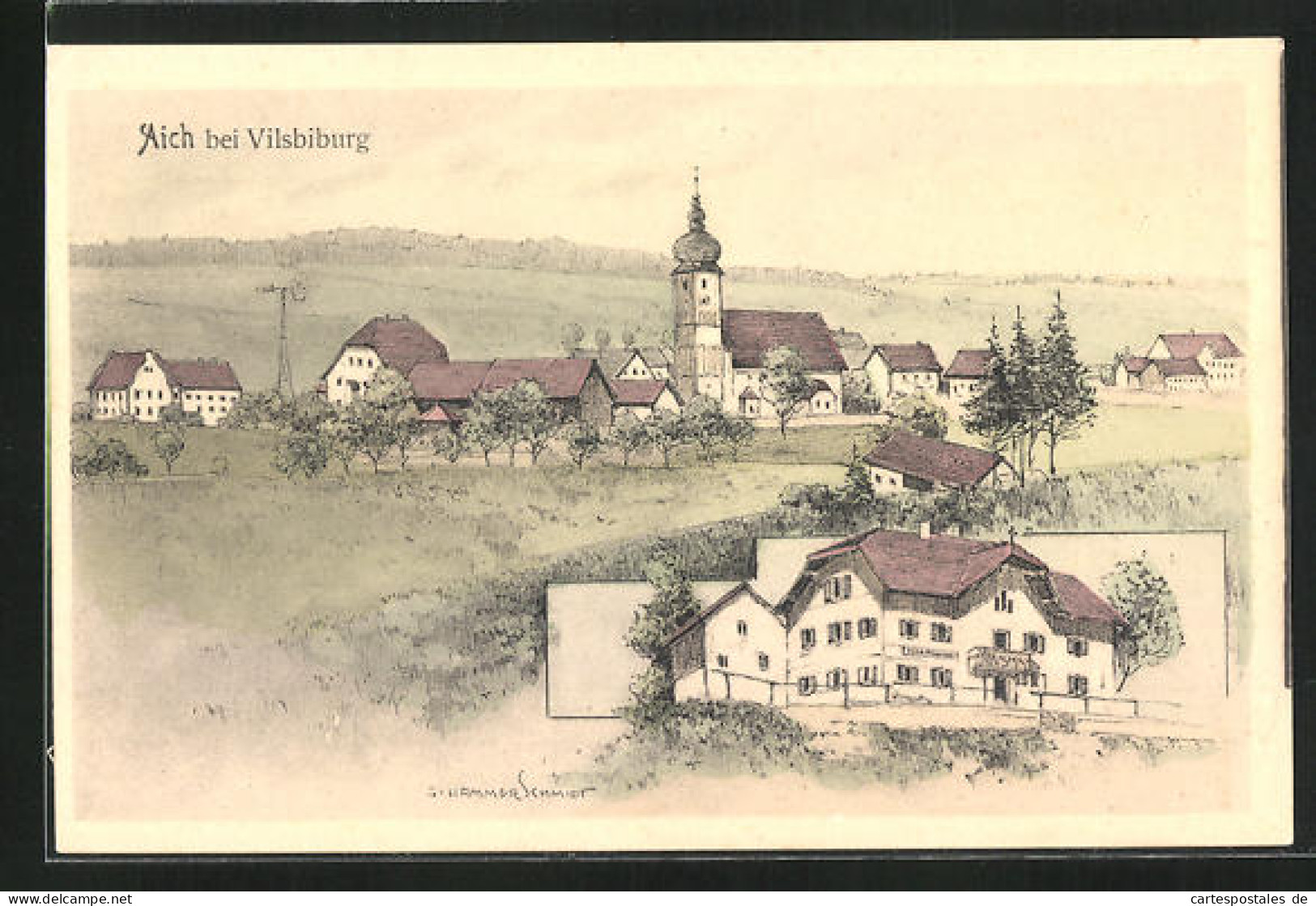 Künstler-AK Aich B. Vilsbiburg, Ortspartie Mit Kirche  - Vilsbiburg