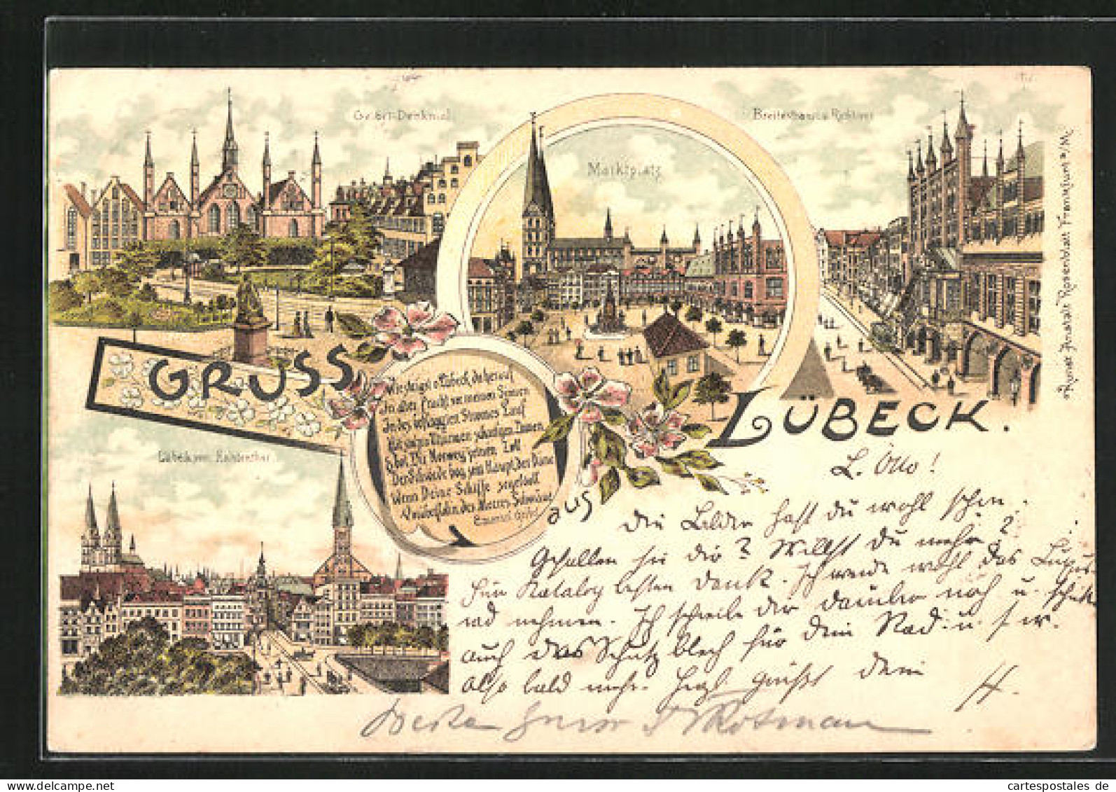 Lithographie Lübeck, Breitestrasse U. Rathaus, Marktplatz, Geibel-Denkmal  - Luebeck