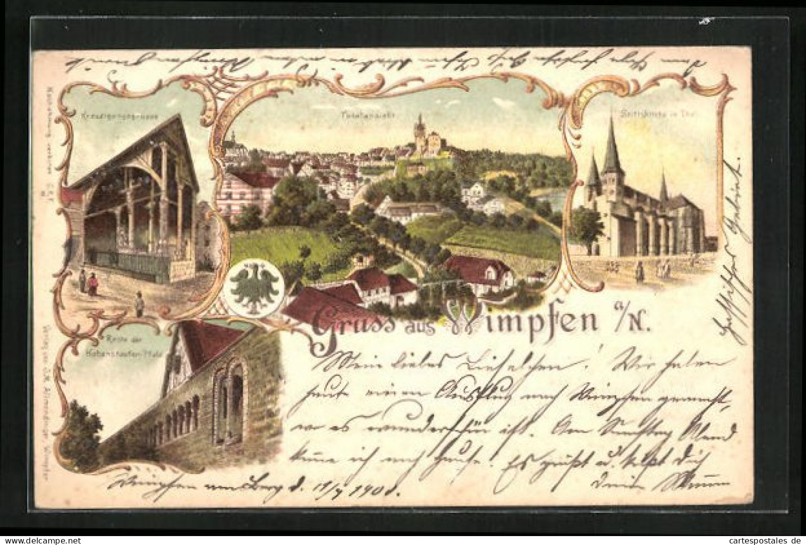 Lithographie Wimpfen A /N., Stiftskirche Im Thal, Reste Der Hohenstaufen-Pfalz, Kreuzigungsgruppe  - Bad Wimpfen