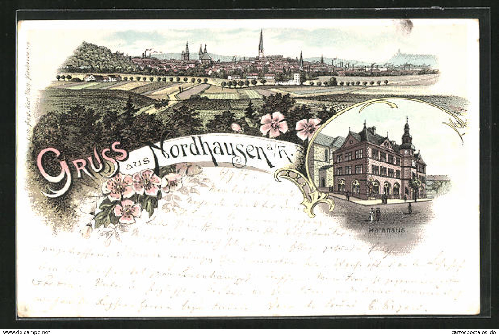 Lithographie Nordhausen A /H., Teilansicht, Rathaus  - Nordhausen