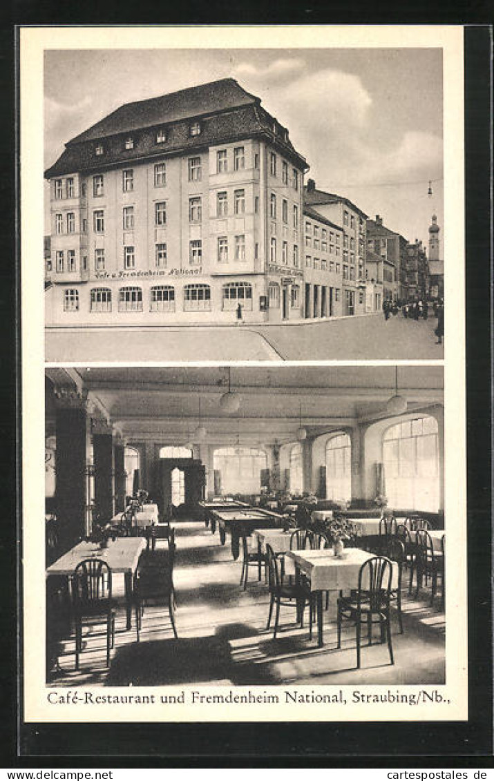 AK Straubing /Nb., Cafe-Restaurant National, Innen- Und Aussenansicht  - Straubing