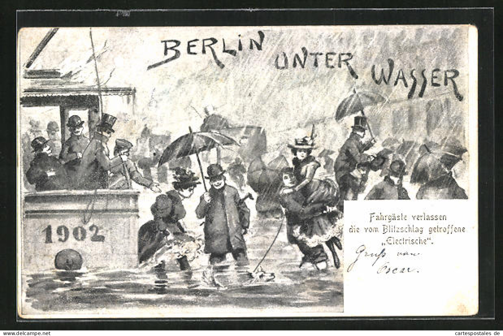 Künstler-AK Berlin, Hochwasser 1902, Fahrgäste Verlassen Dee Vom Blitzschlag Getroffene Elektrische  - Inundaciones