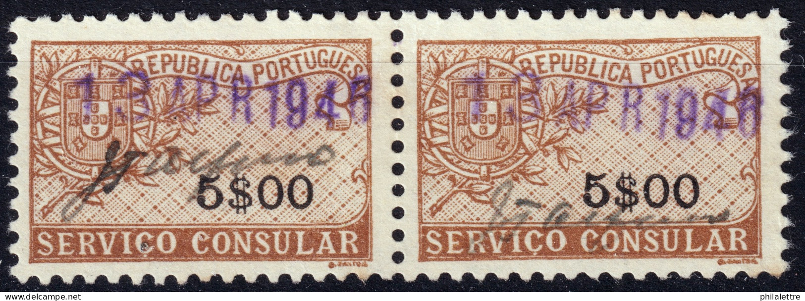PORTUGAL - 1946 Pair Of 5.00esc. "SERVICIO CONSULAR" Fiscal Revenue Stamp - Very Fine Used - Usado