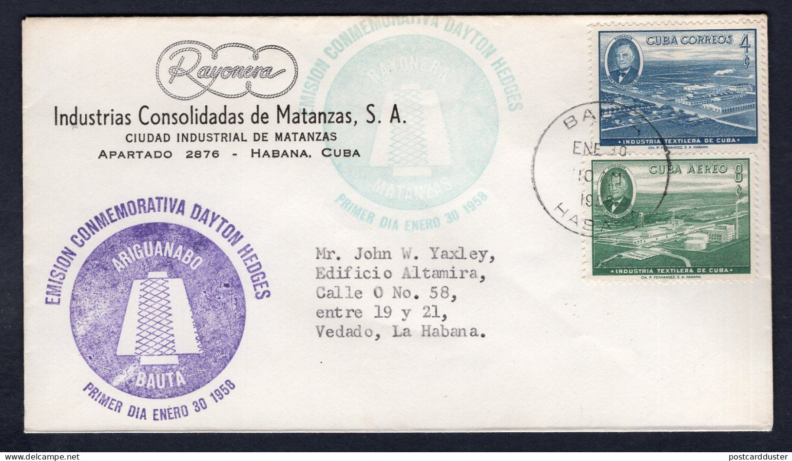 CUBA 1958 FDC Cover. Textile Industry (p102) - Brieven En Documenten