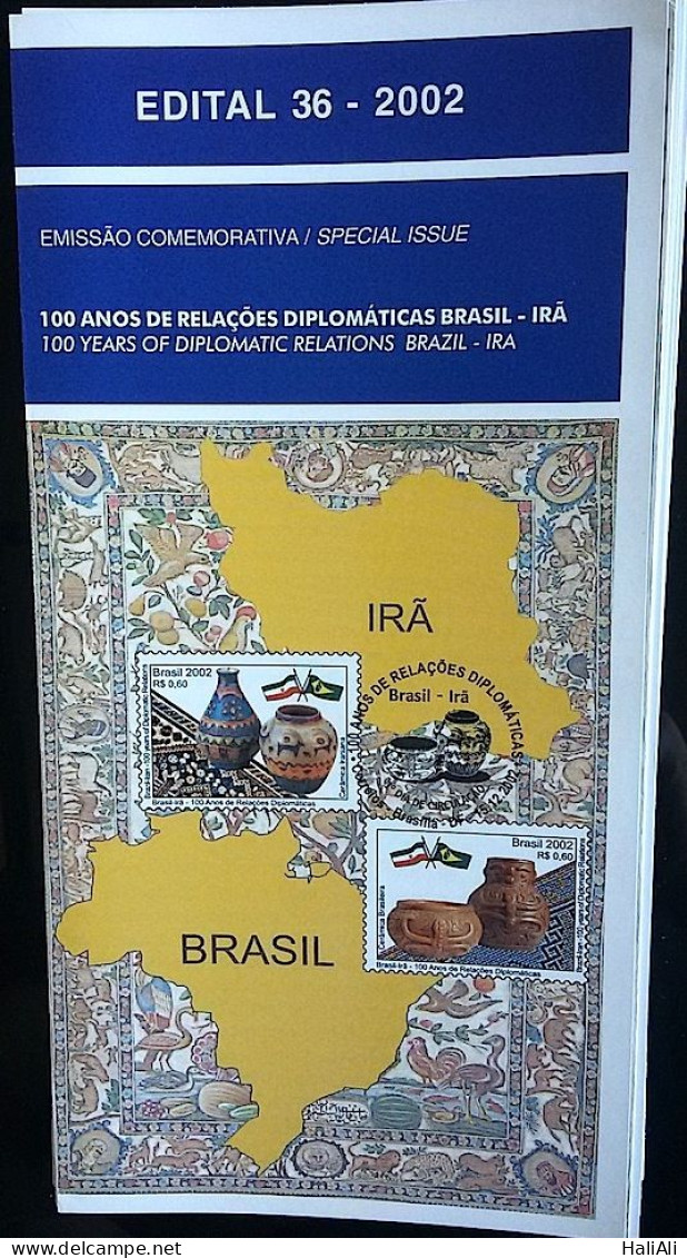 Brochure Brazil Edital 2002 36 Diplomatic Relations Iran Map Flag Without Stamp - Lettres & Documents