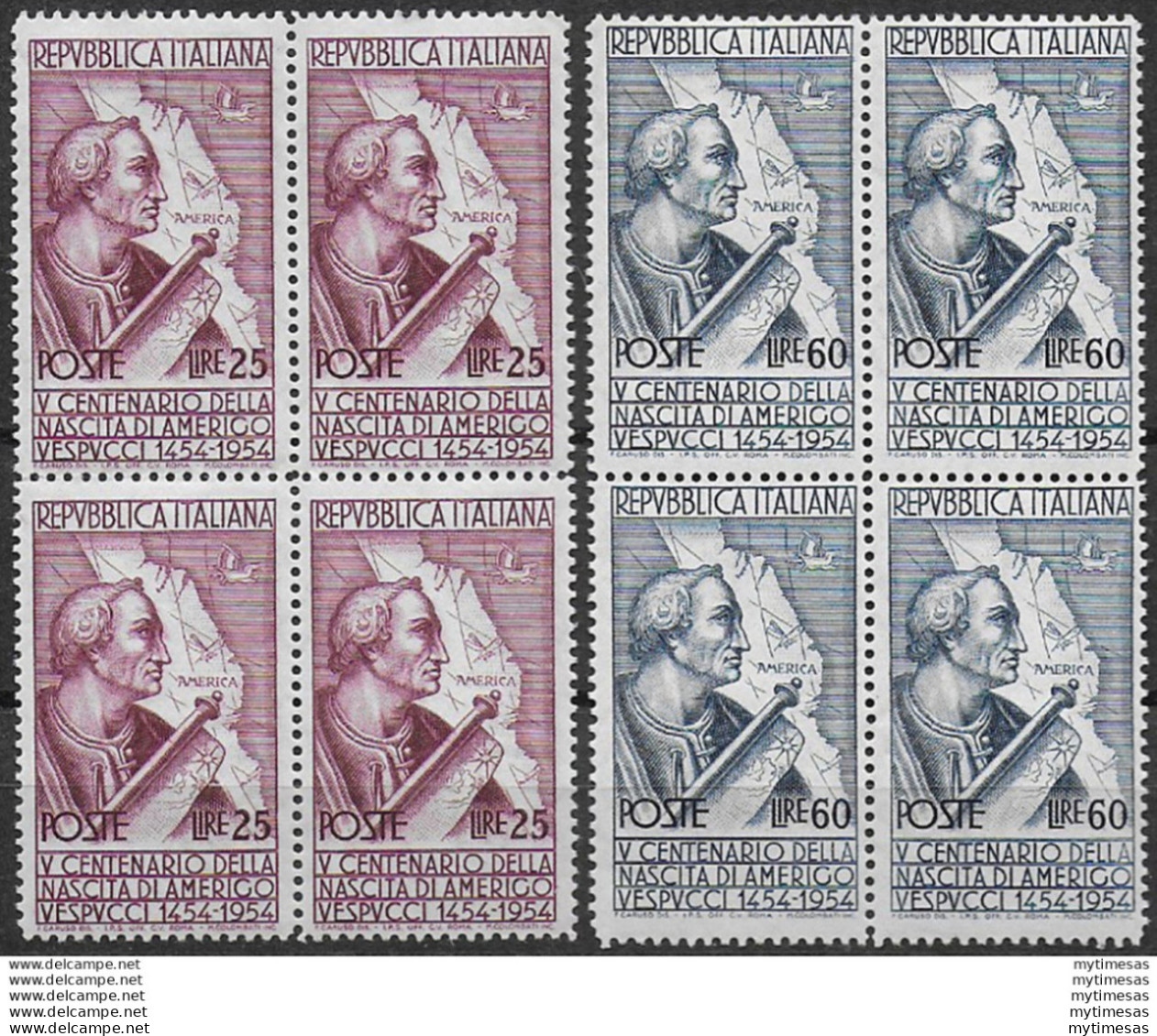 1954 Italia Vespucci Quartina Varietà MNH Sass N. 749I/50I - Other & Unclassified