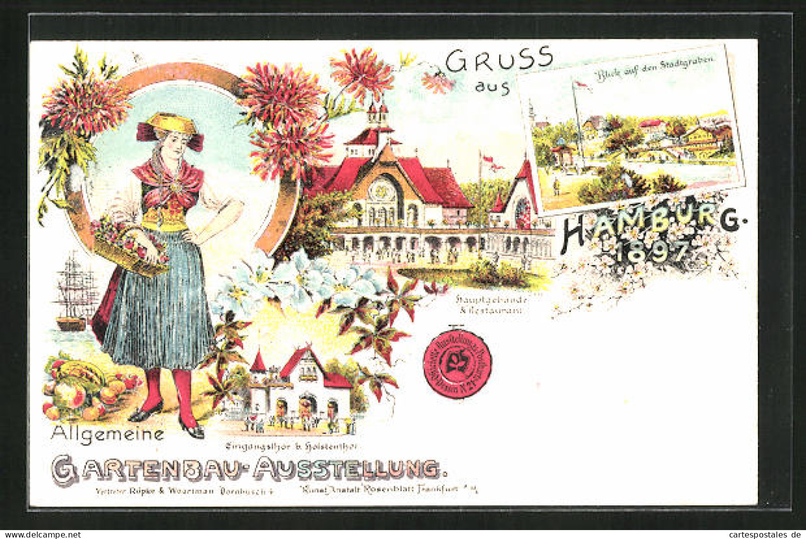 Lithographie Hamburg, Allgemeine Gartenbau-Ausstellung 1897, Dame In Tracht, Ausstellungsgebäude  - Exhibitions