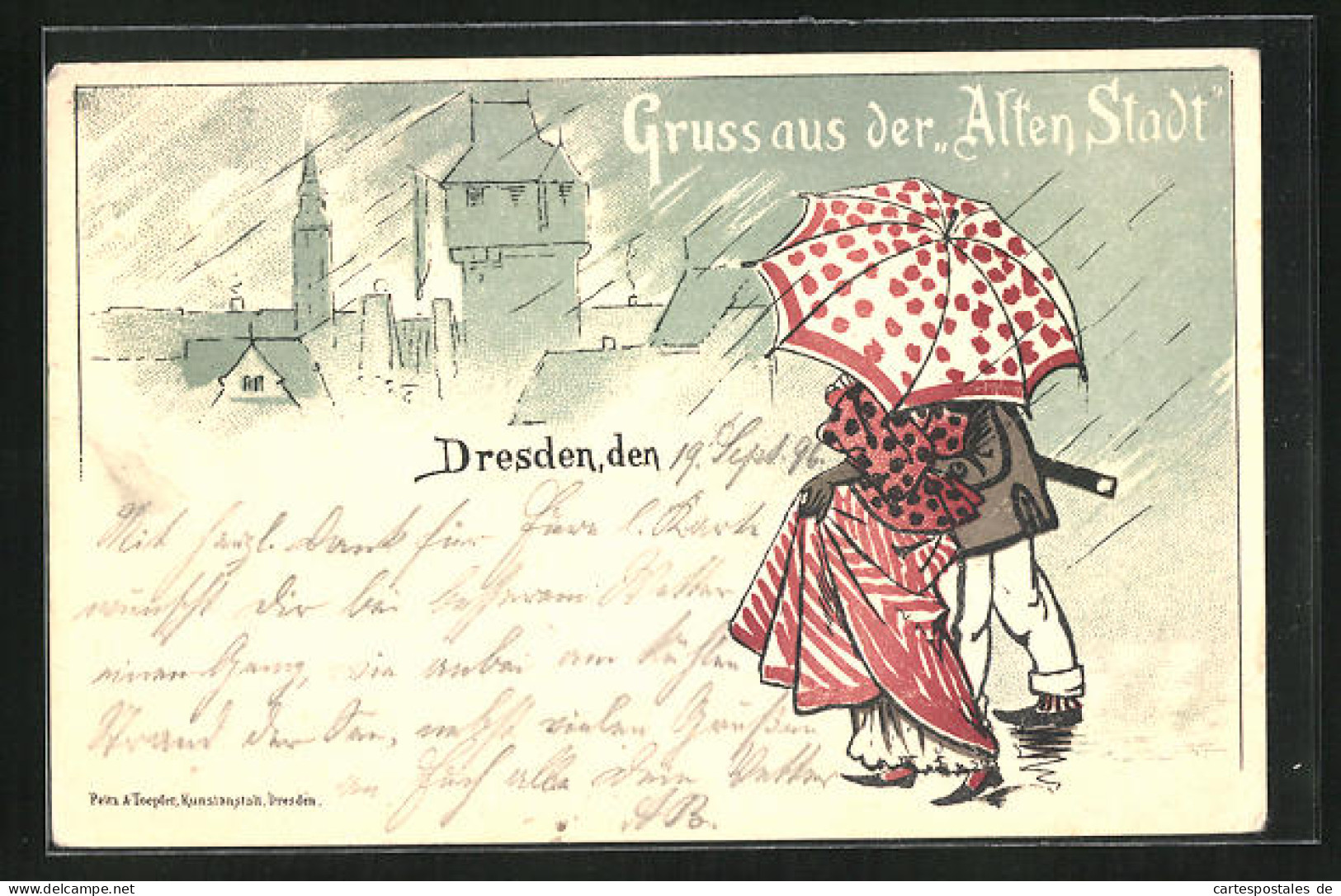 Lithographie Dresden, Ortspartie Und Paar Unterm Schirm Bei Regen  - Exhibitions