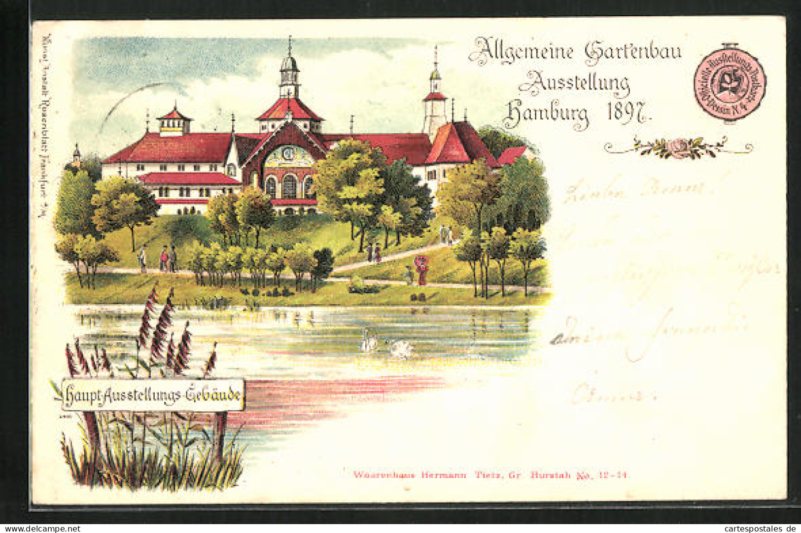 Lithographie Hamburg, Allgemeine Gartenbau Ausstellung 1897, Haupt-Ausstellungs-Gebäude  - Expositions