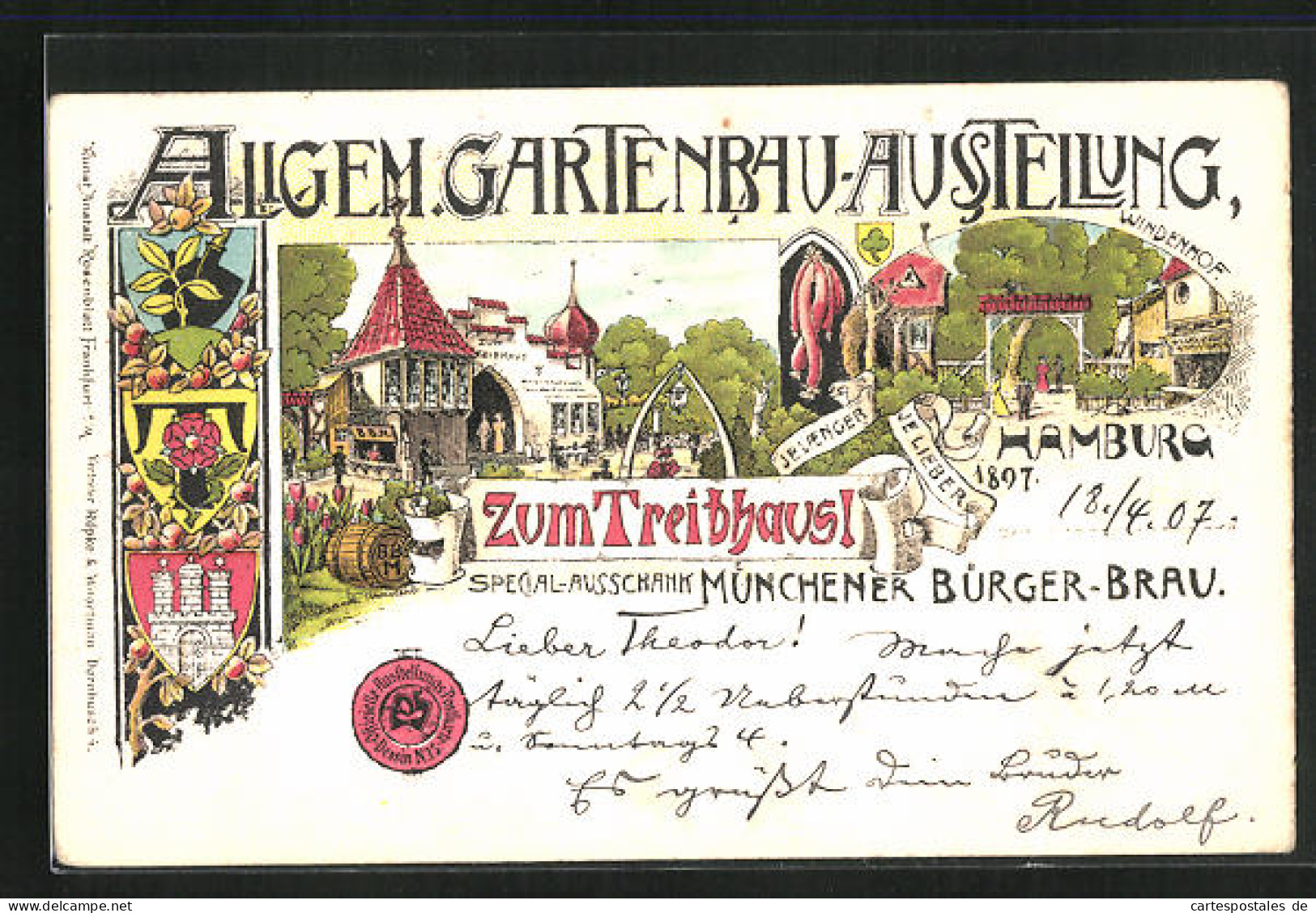 Lithographie Hamburg, Allgem. Gartenbau-Ausstellung 1897, Gasthäuser Zum Treibhausl & Windenhof  - Expositions