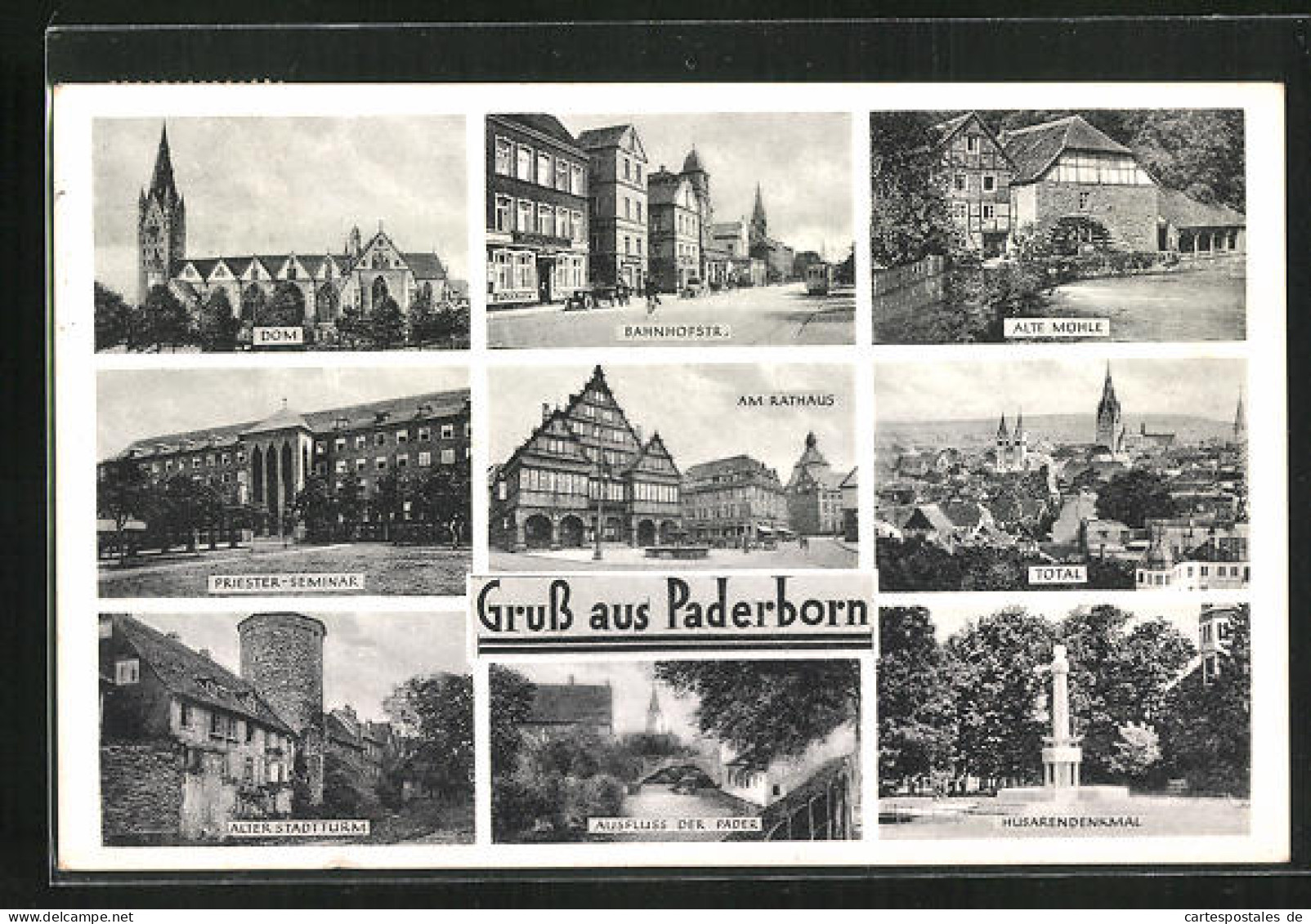 AK Paderborn, Bahnhofstrasse, Alte Mühle, Husarendenkmal  - Paderborn