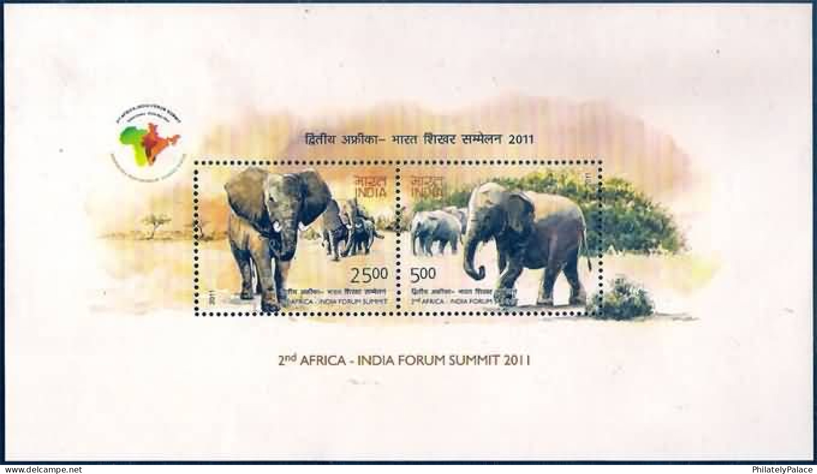 INDIA 2011 Africa 2nd Summit ,Elephant, Tusker, Fauna, Animals, Map,Mammoth Family, Miniature Sheet, MS MNH (**) - Nuovi