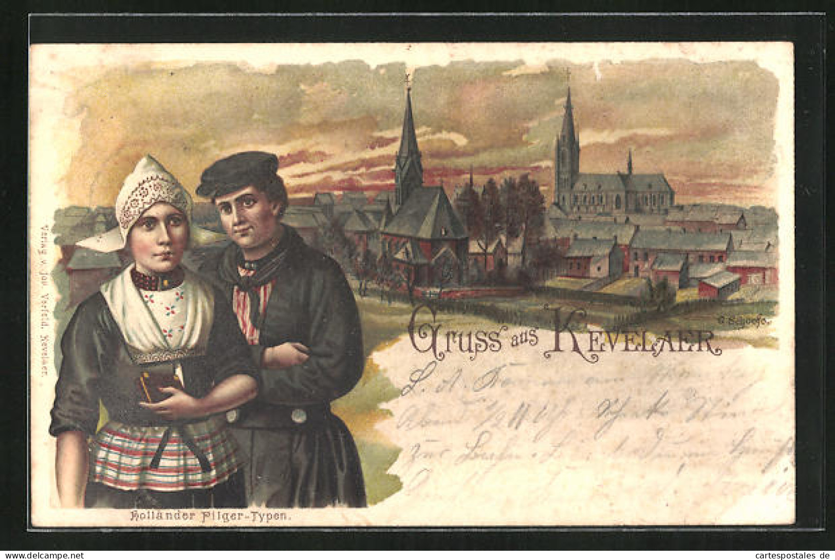 Lithographie Kevelaer, Mann Und Frau In Tracht Mit Blick Zum Ort  - Kevelaer