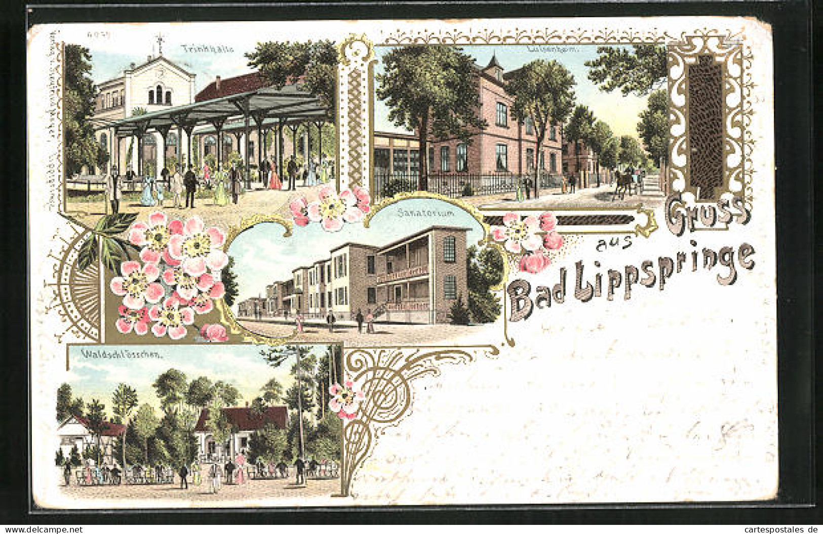 Lithographie Bad Lippspringe, Gasthaus Waldschlösschen, Luisenheim, Trinkhalle, Sanatorium  - Bad Lippspringe