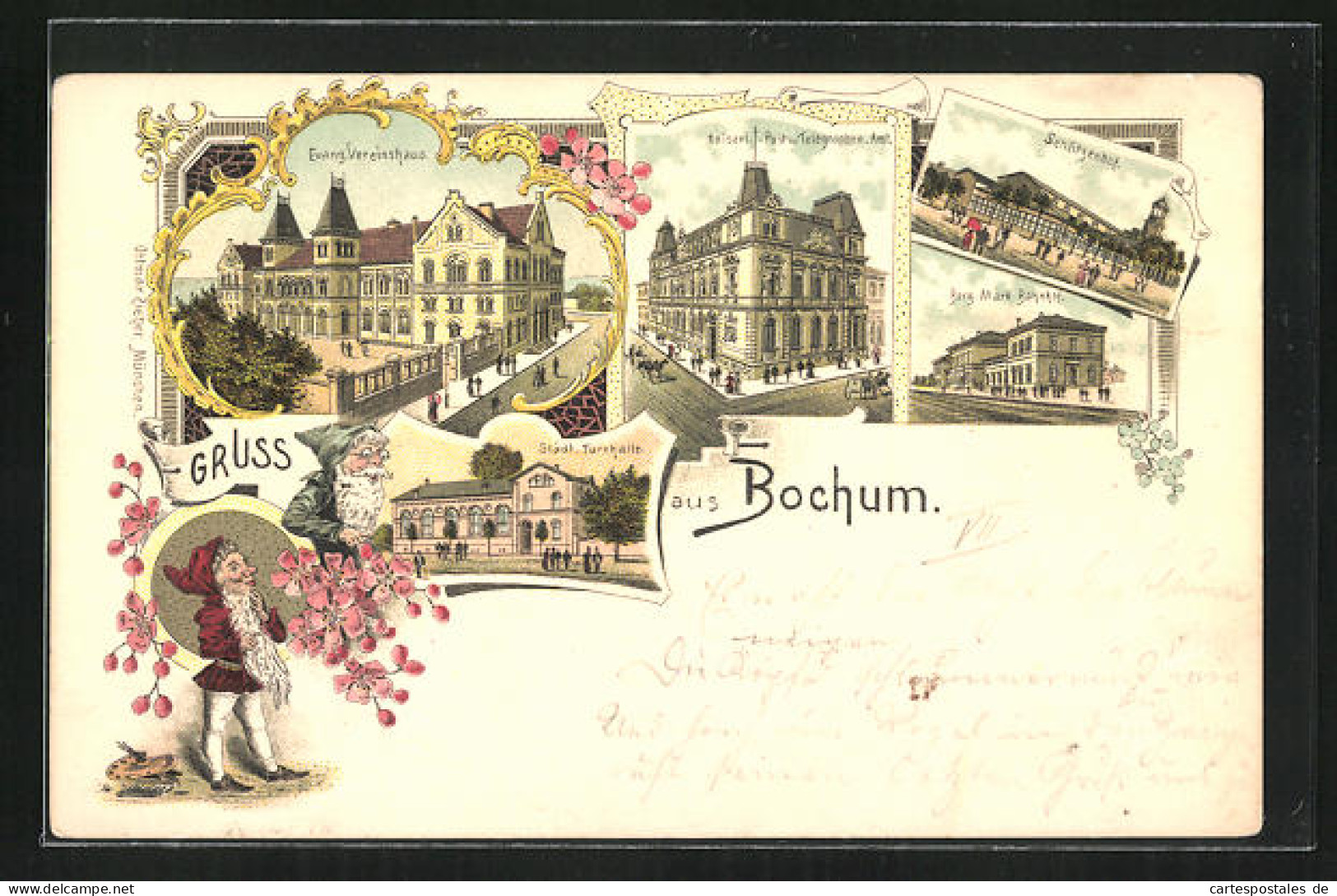 Lithographie Bochum, Evang. Vereinshaus, Kaiserl. Post- Und Telegraphenamt, Berg. Märk. Bahnhof, Zwerge  - Bochum