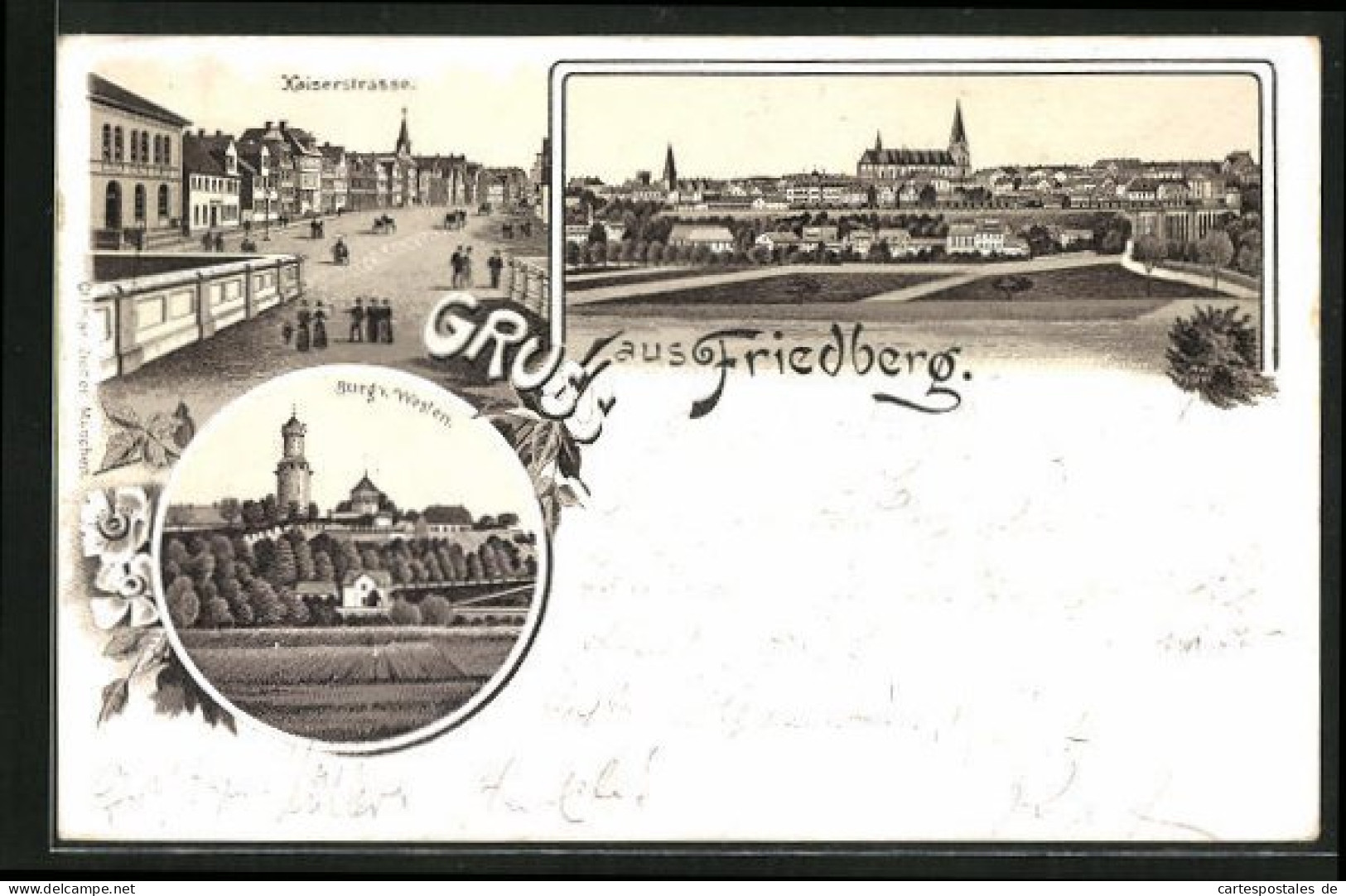 Lithographie Friedberg, Kaiserstrasse, Burg  - Friedberg