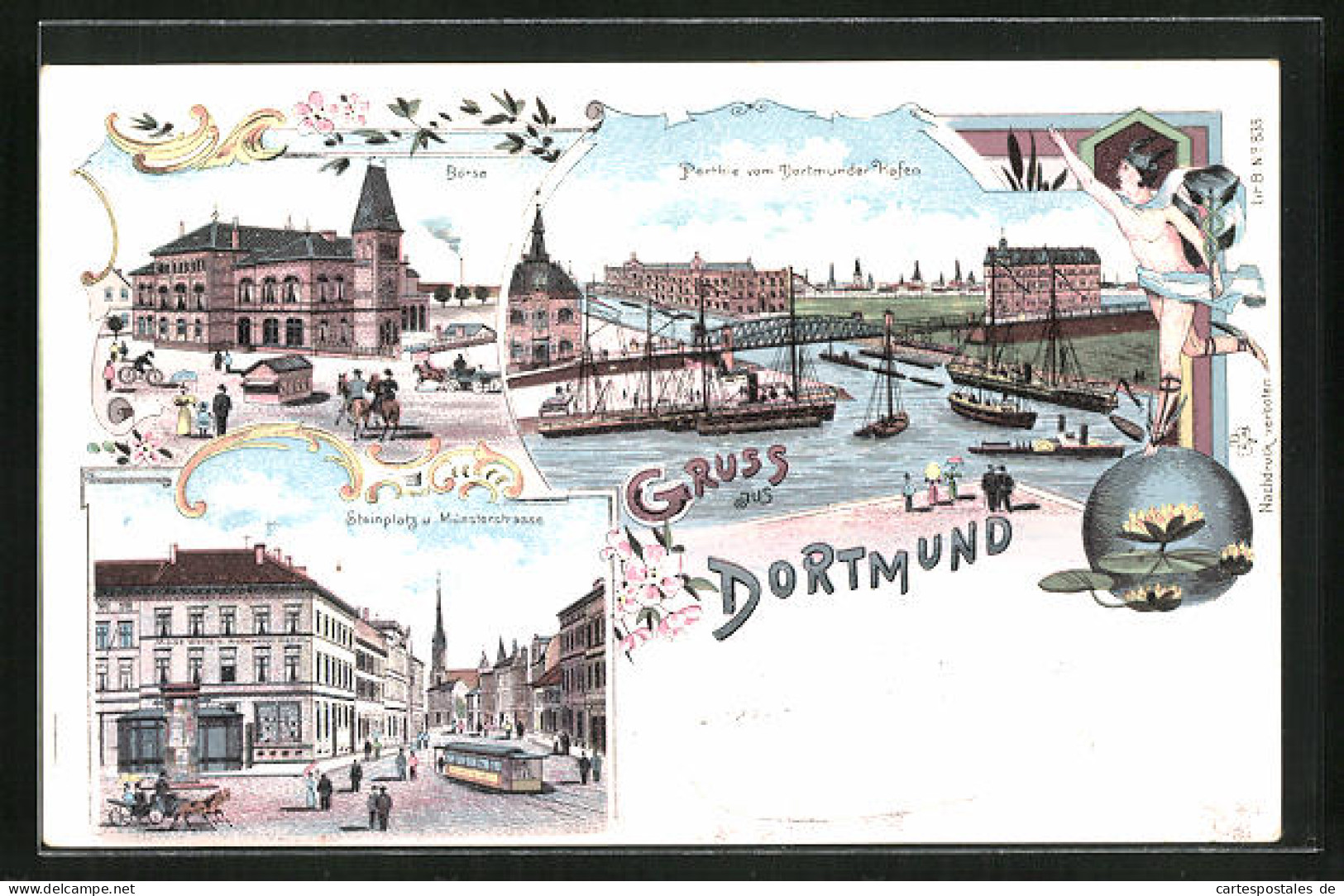 Lithographie Dortmund, Partie Vom Hafen, Börse, Strassenbahn Und Dampfer  - Dortmund