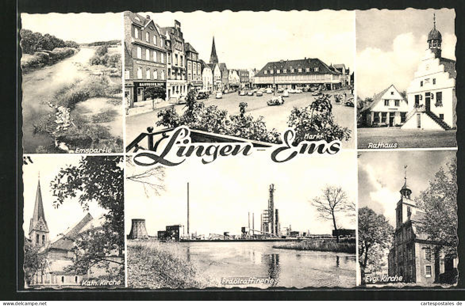 AK Lingen / Ems, Emspartie, Markt, Rathaus, Kath. Kirche, Erdölraffinerie Und Evgl. Kirche  - Mines