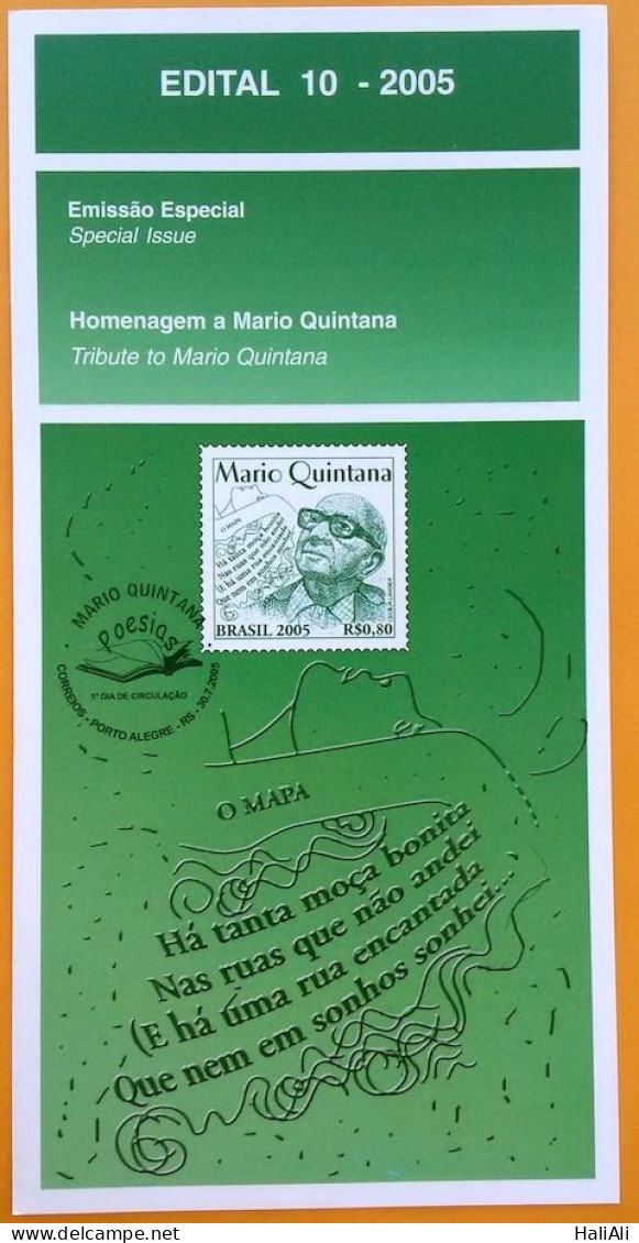 Brochure Brazil Edital 2005 10 Mario Quintana Literature Writer Without Stamp - Cartas & Documentos