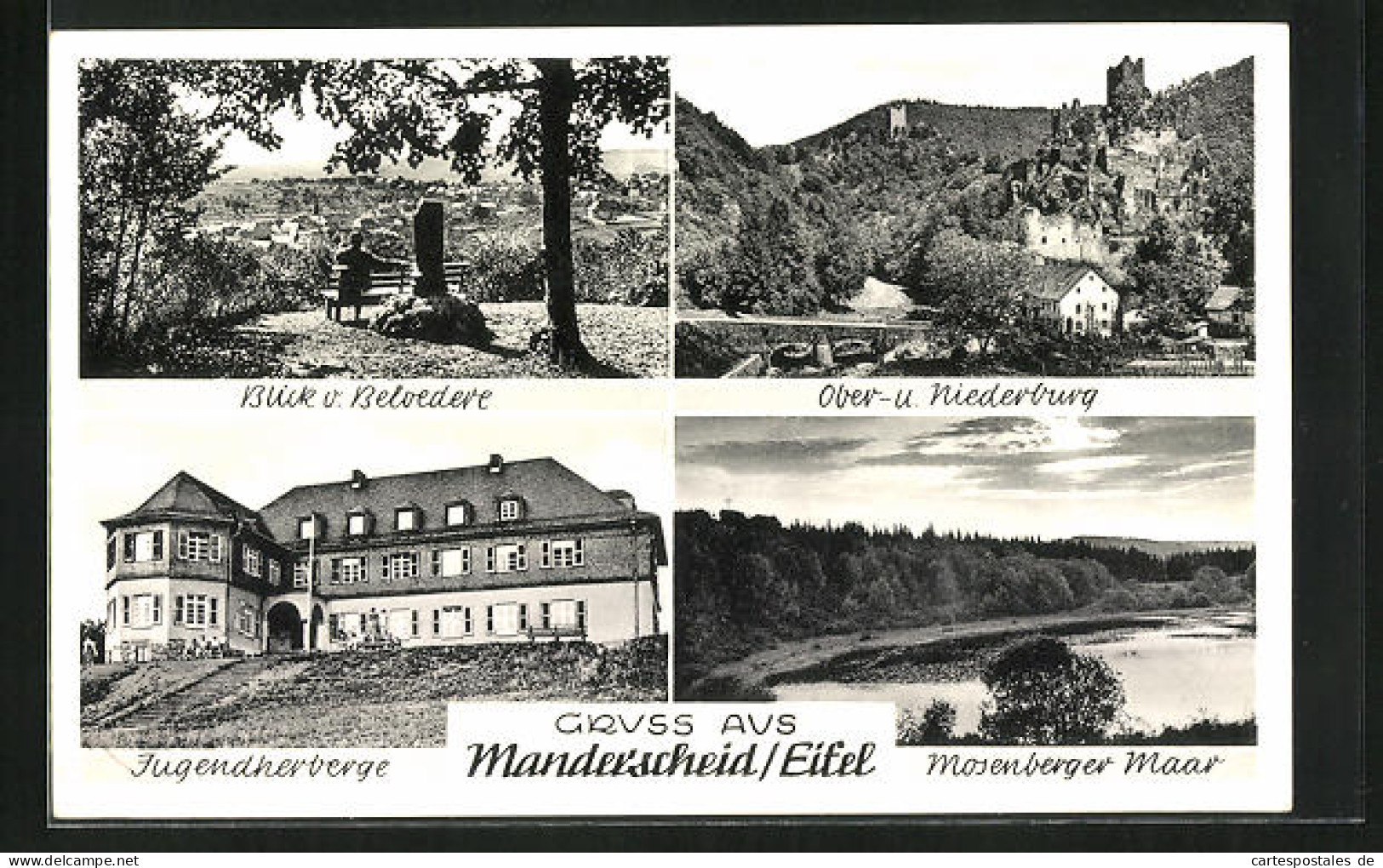 AK Manderscheid /Eifel, Jugendherberge, Mosenberger Maar, Ober- U. Niederburg  - Manderscheid