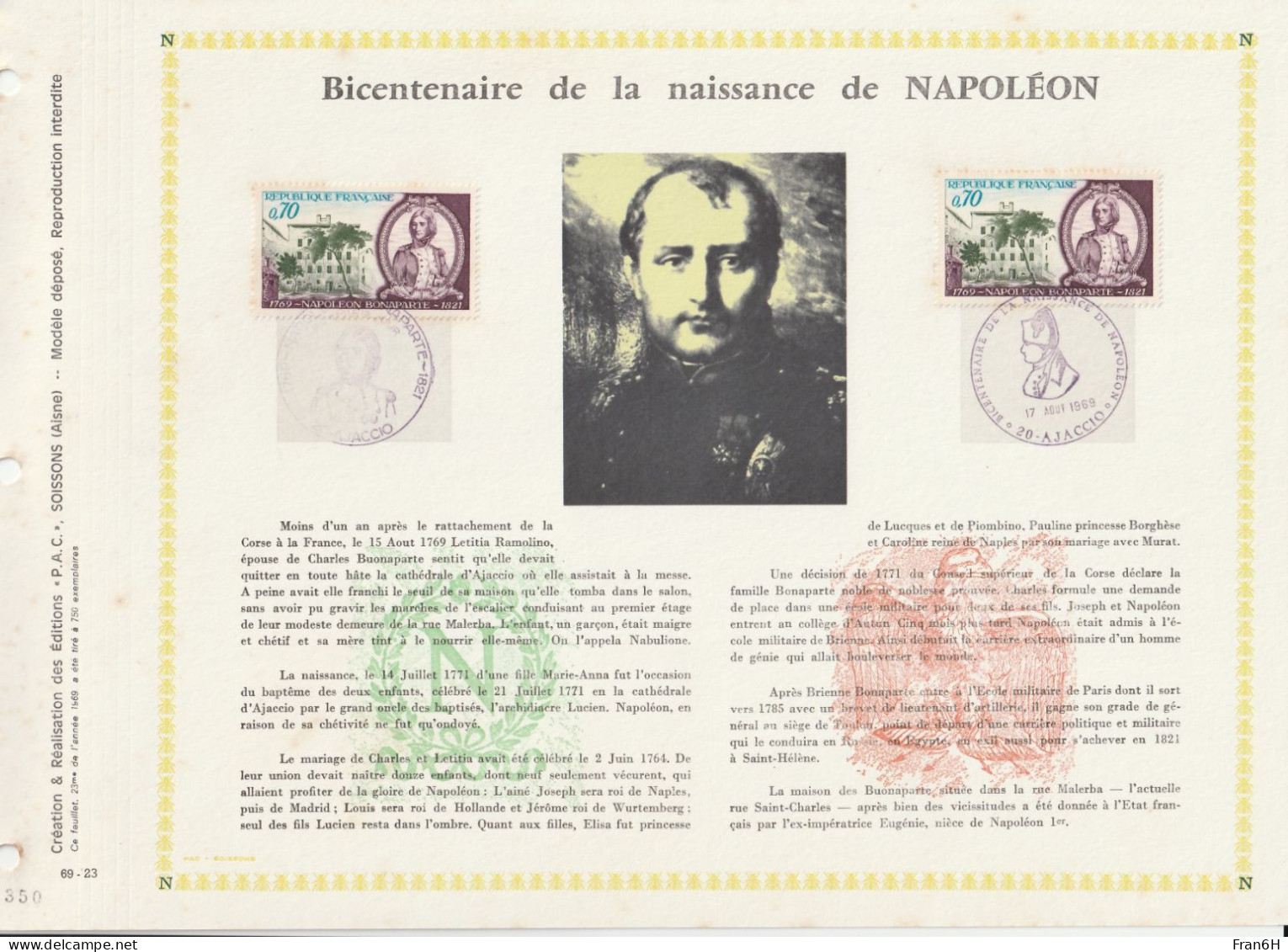 Feuillet PAC Bicentenaire De La Naissance De Napoléon - 69-23 - N° 350/700 Exemplaires - 1960-1969
