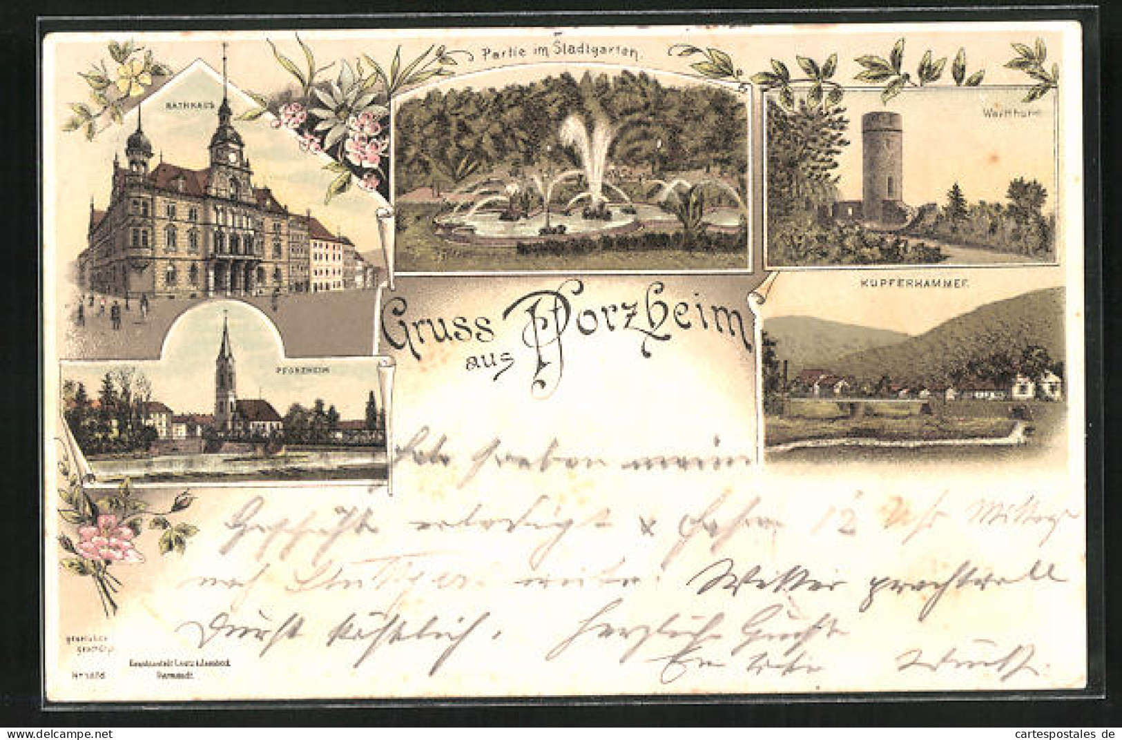 Lithographie Pforzheim, Kupferhammer, Rathaus, Partie Im Stadtgarten  - Pforzheim