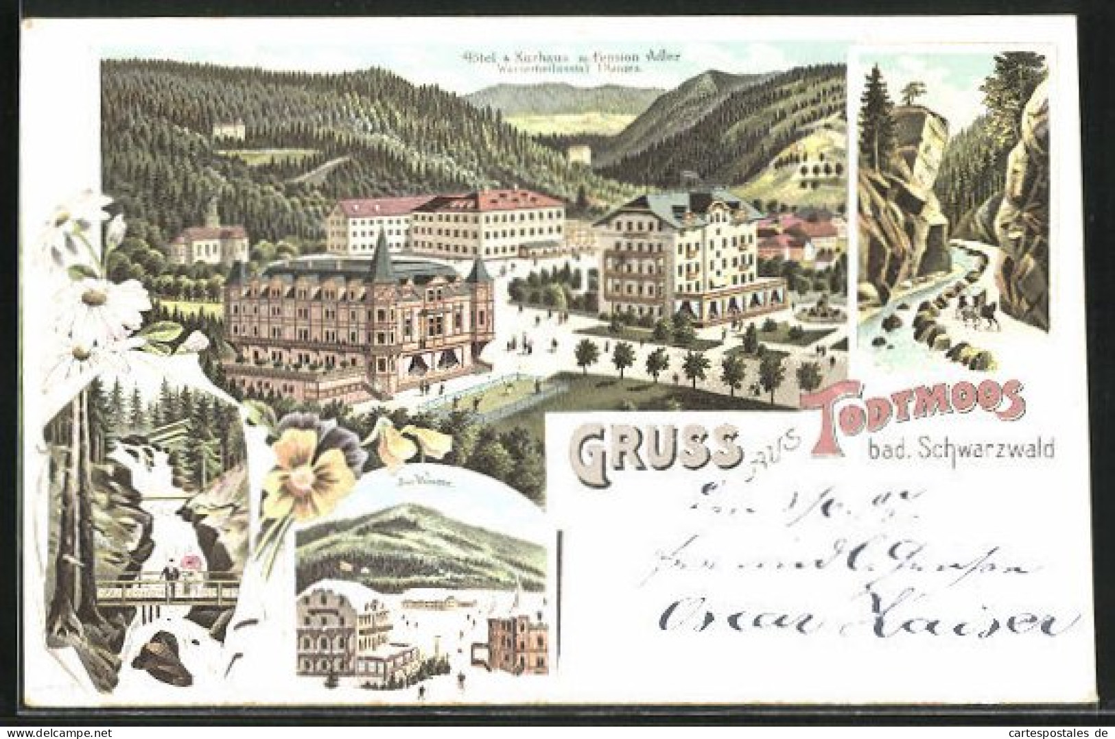 Lithographie Todtmoos /Bad. Schwarzwald, Hôtel & Kurhaus M. Pension Adler, Im Winter, Wasserfall  - Todtmoos