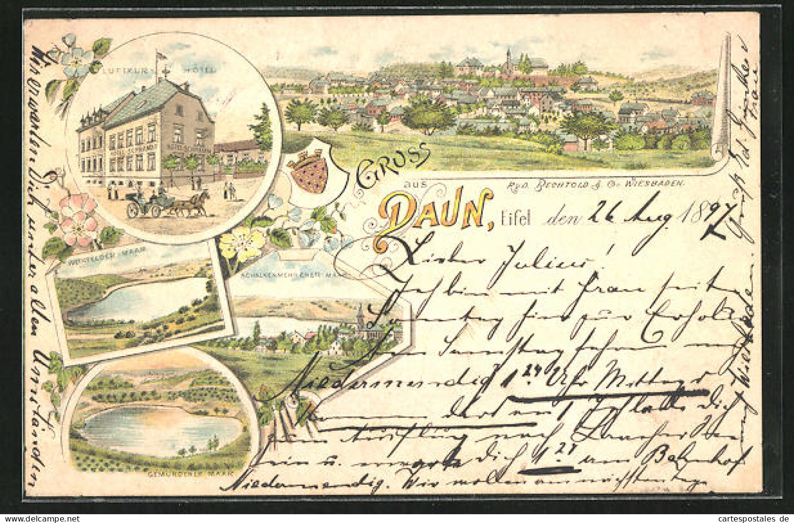 Lithographie Daun /Eifel, Luftkur-Hotel, Weinfelder Maar, Gemündener Maar  - Daun