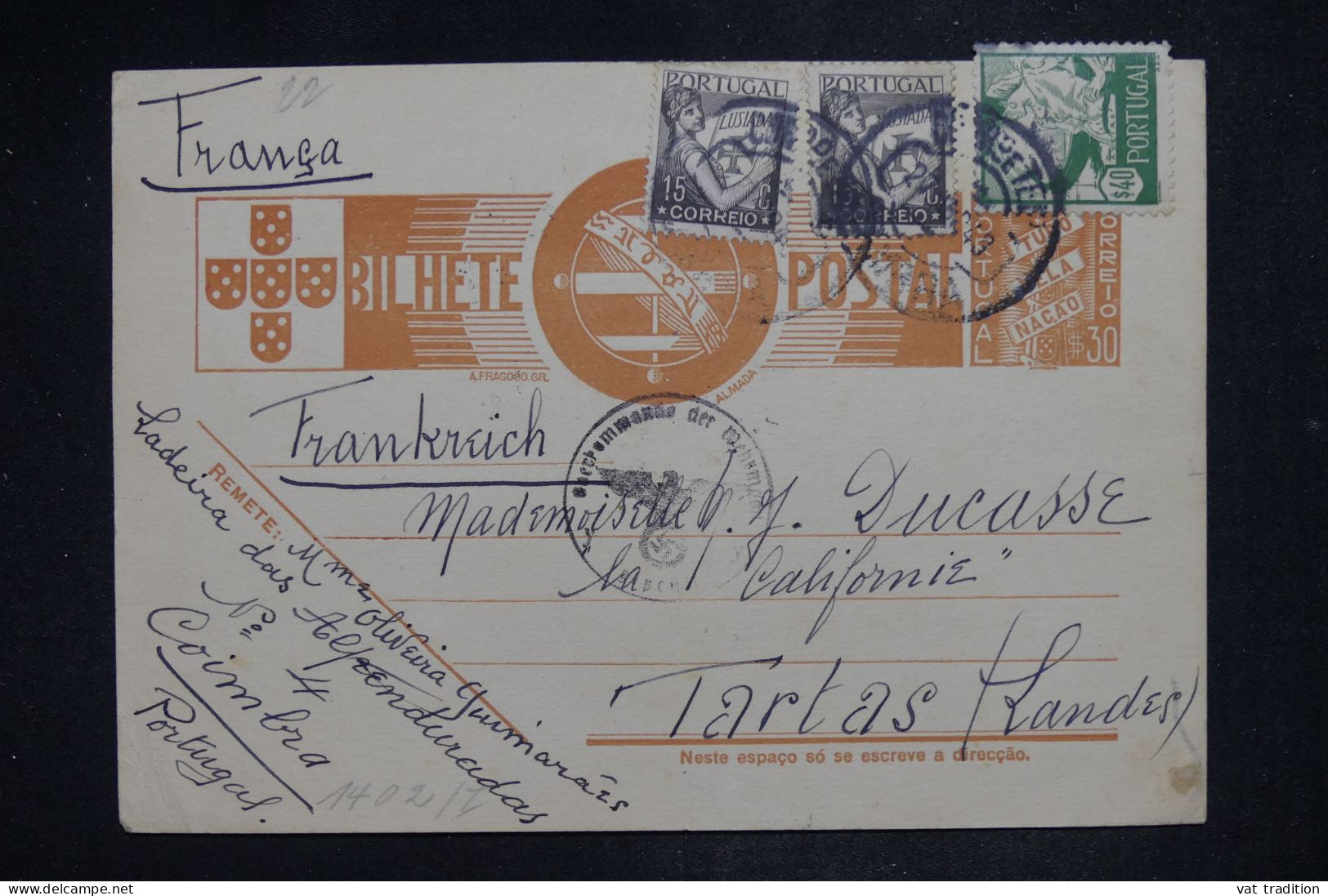 PORTUGAL - Entier Avec Censure Allemande Avec Compléments Pour La France - 1943 - A 2795 - Postmark Collection